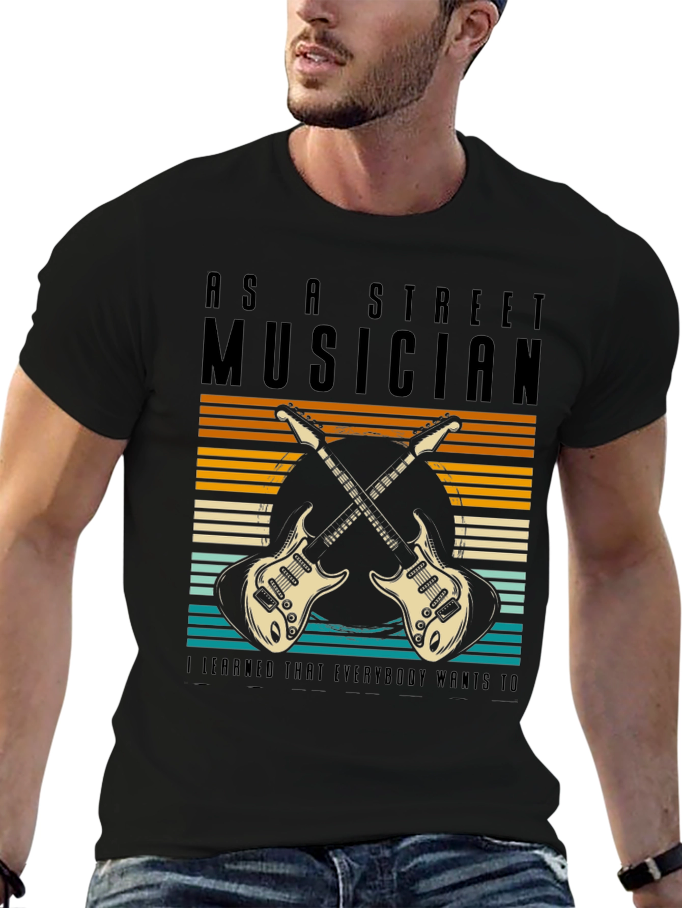 Black Street Musician Guitar T-Shirt view 6