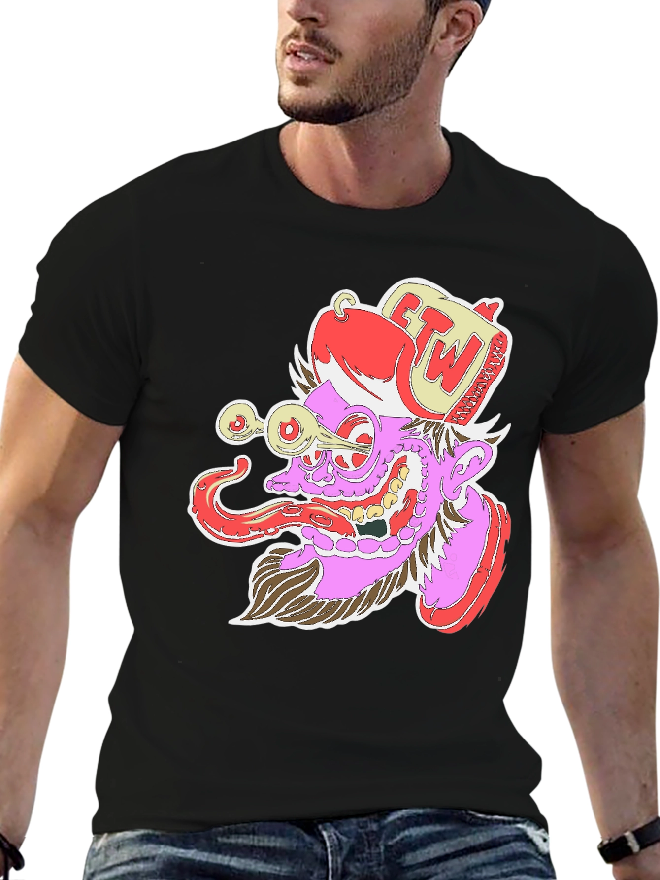 Black Grotesque Cartoon Graphic Print Black T-Shirt view 6