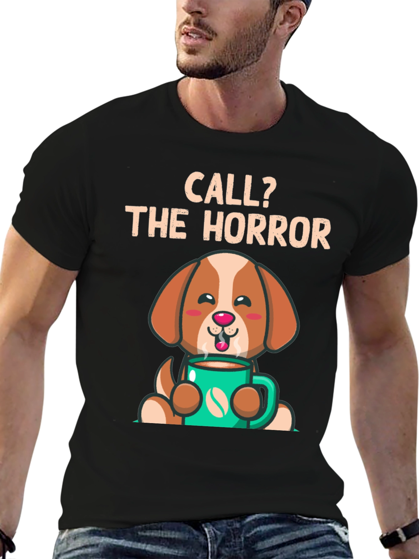 Black Call the Horror Coffee Dog T-Shirt view 6