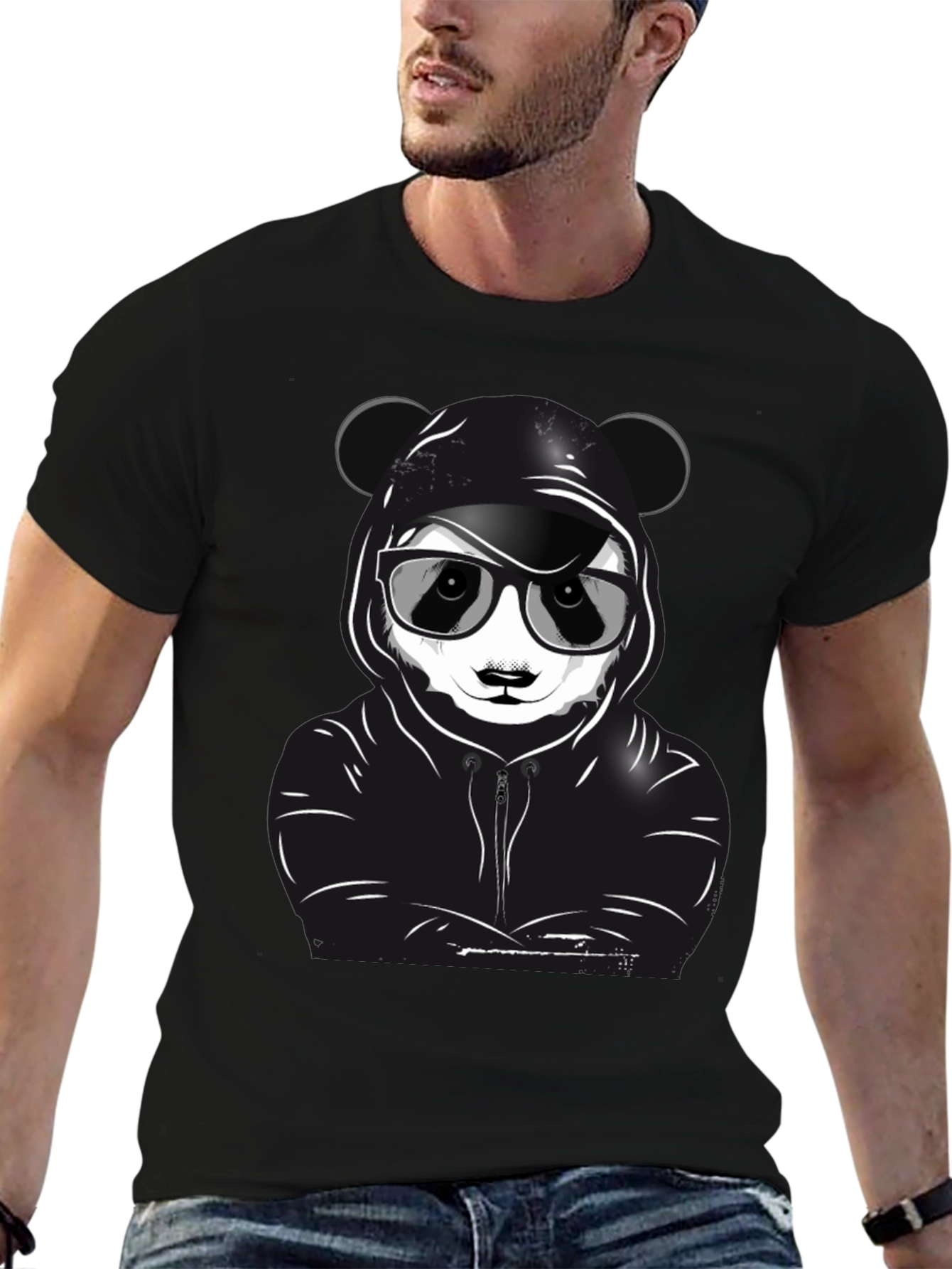 Black Cool Panda Graphic T-Shirt - Black Crew Neck Tee view 6