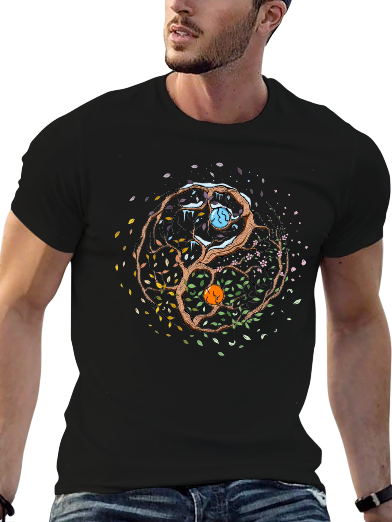 Black Yin Yang Seasons Tree Graphic Tee - Mens Black T-Shirt view 6