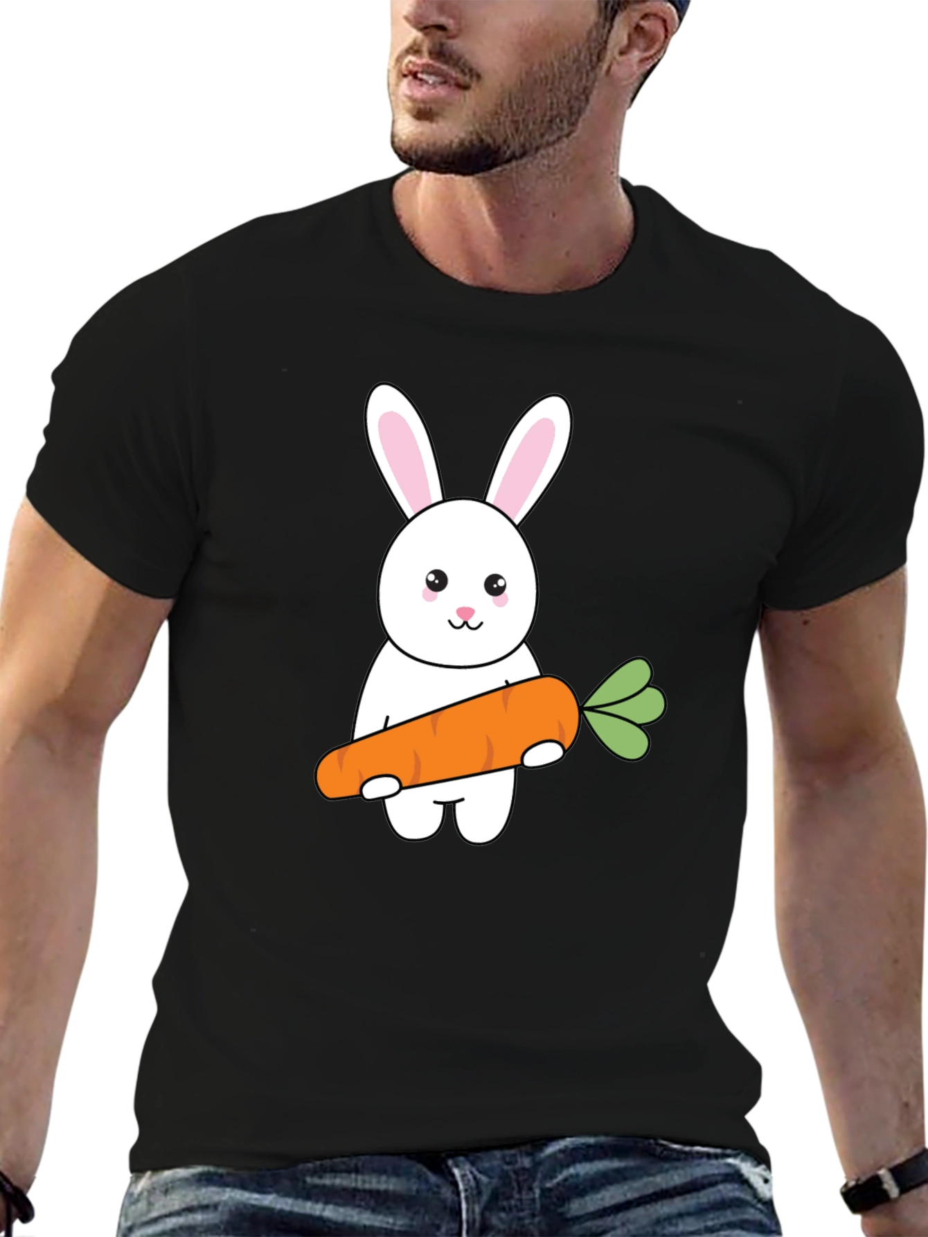 Black Bunny & Carrot Graphic Tee - Black Cotton T-Shirt view 6