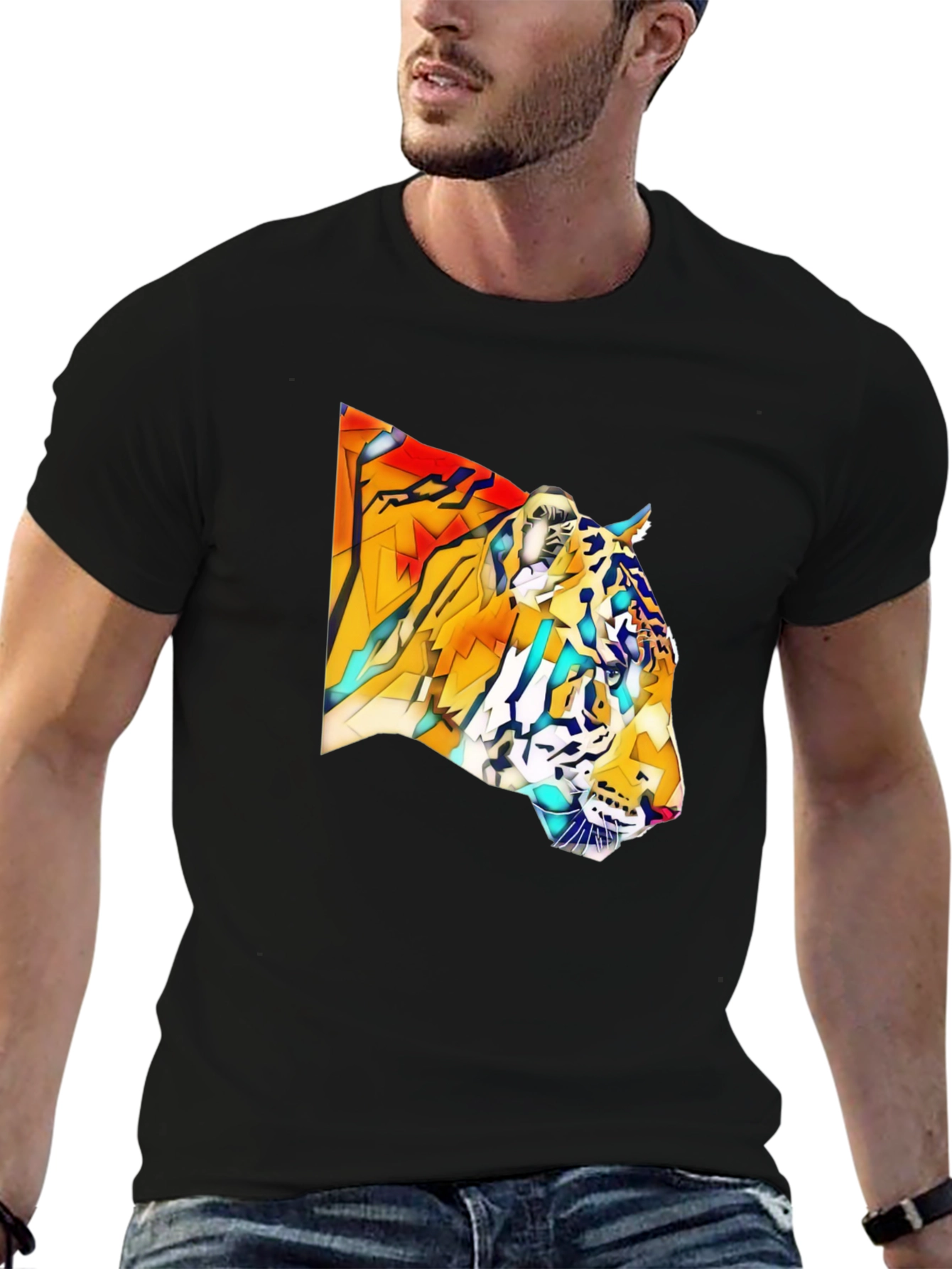 Black Geometric Tiger Graphic Black T-Shirt view 6