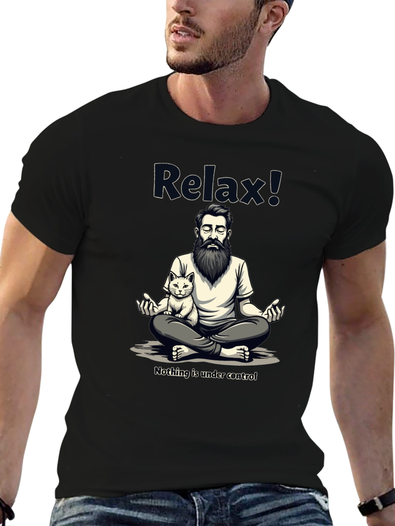 Black Relax! Meditation Cat Graphic Tee - Comfy Cotton view 6