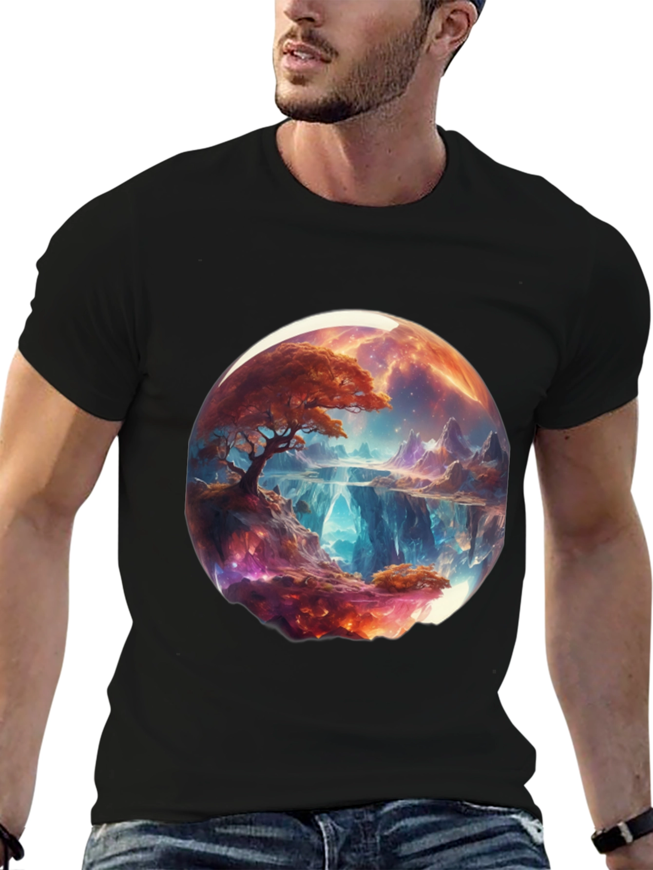 Black Fantasy Landscape Graphic Tee - Black Cotton Blend view 6