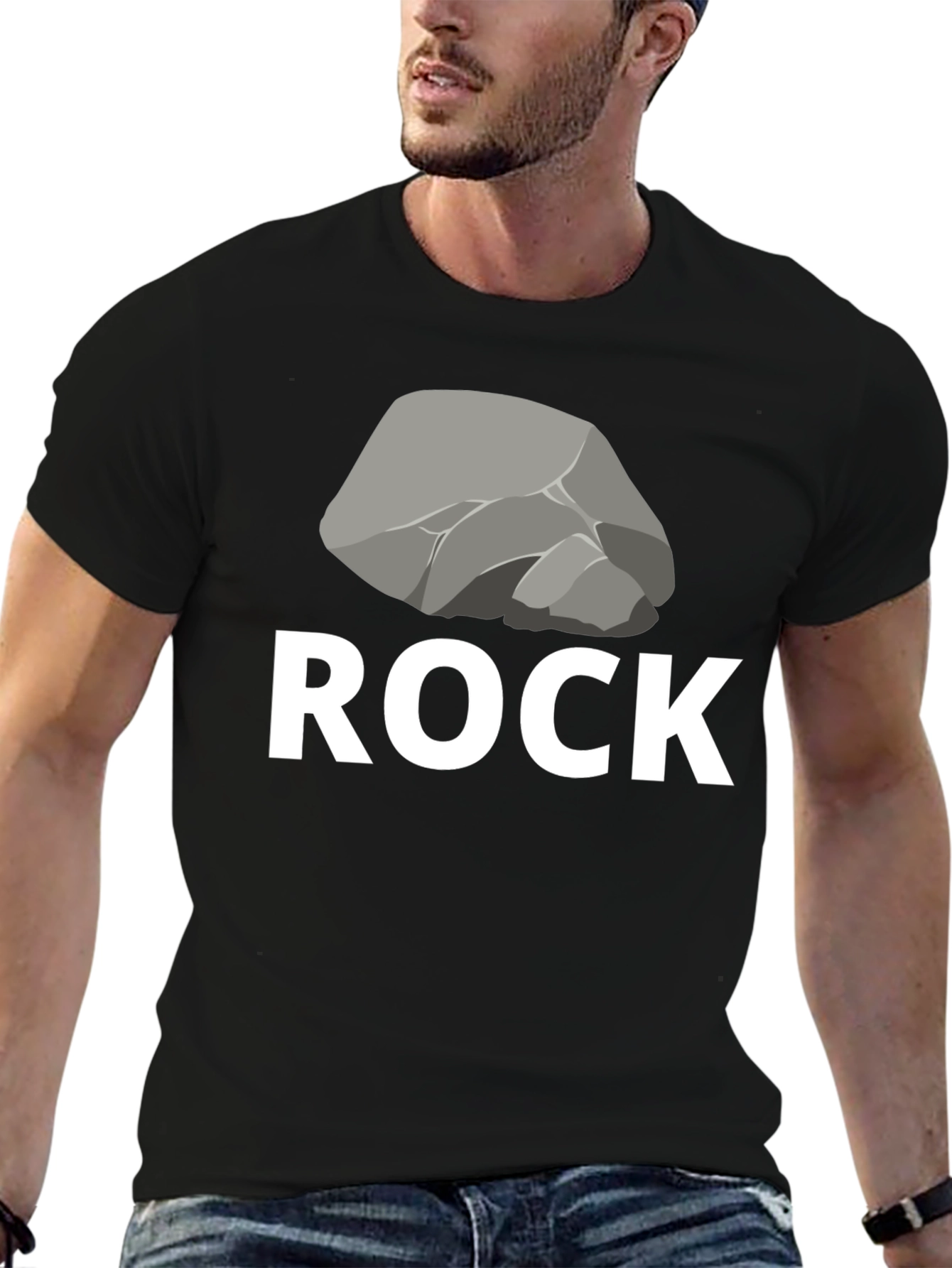 Black Humorous "Rock" Graphic Tee - Black Cotton Blend view 6