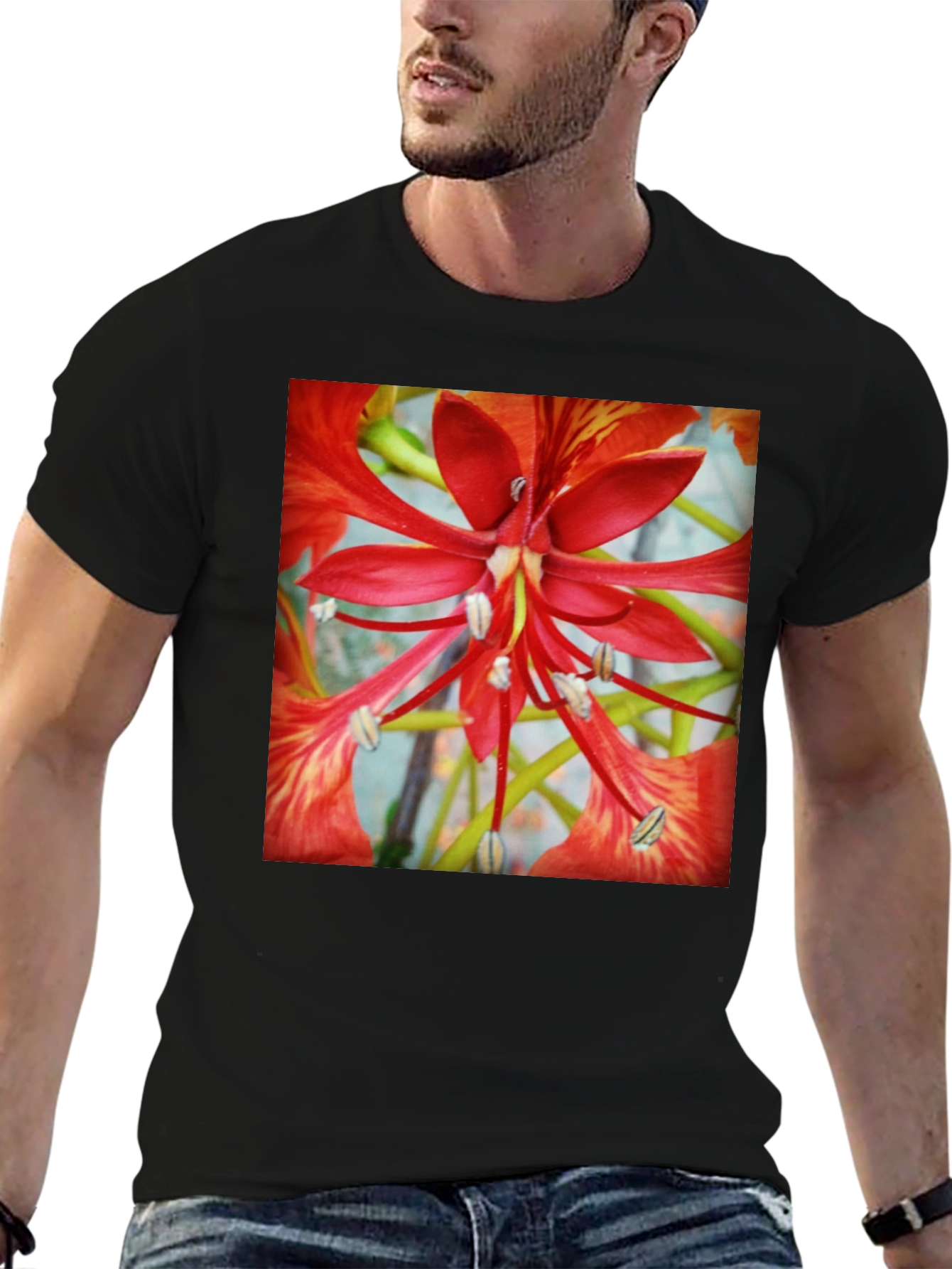 Black Bold Floral T-Shirt - Vivid Red Blossom Design view 6