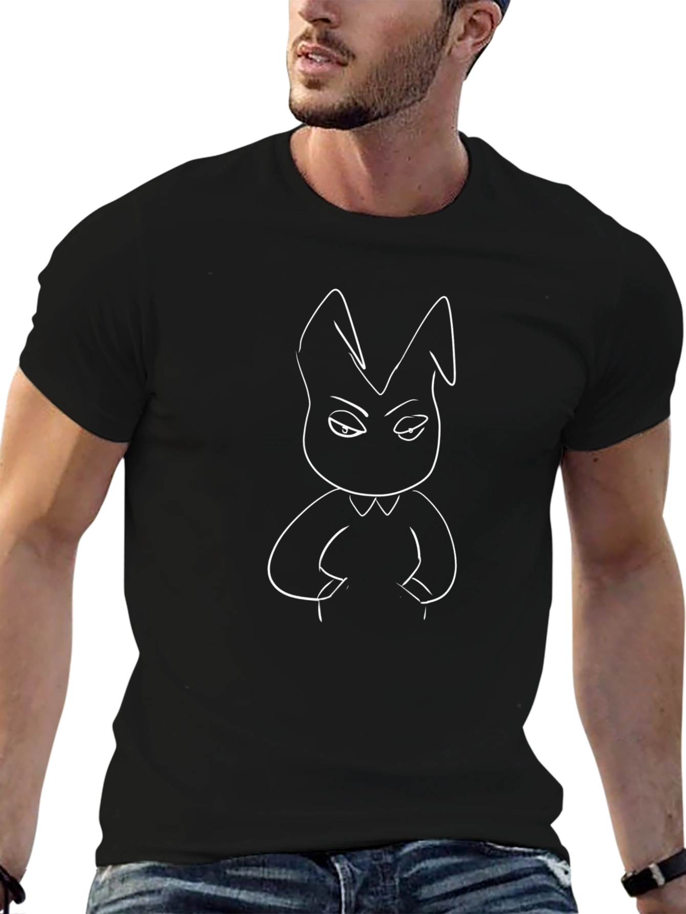 Men's Black T-Shirt with Cartoon Bunny Print - 6