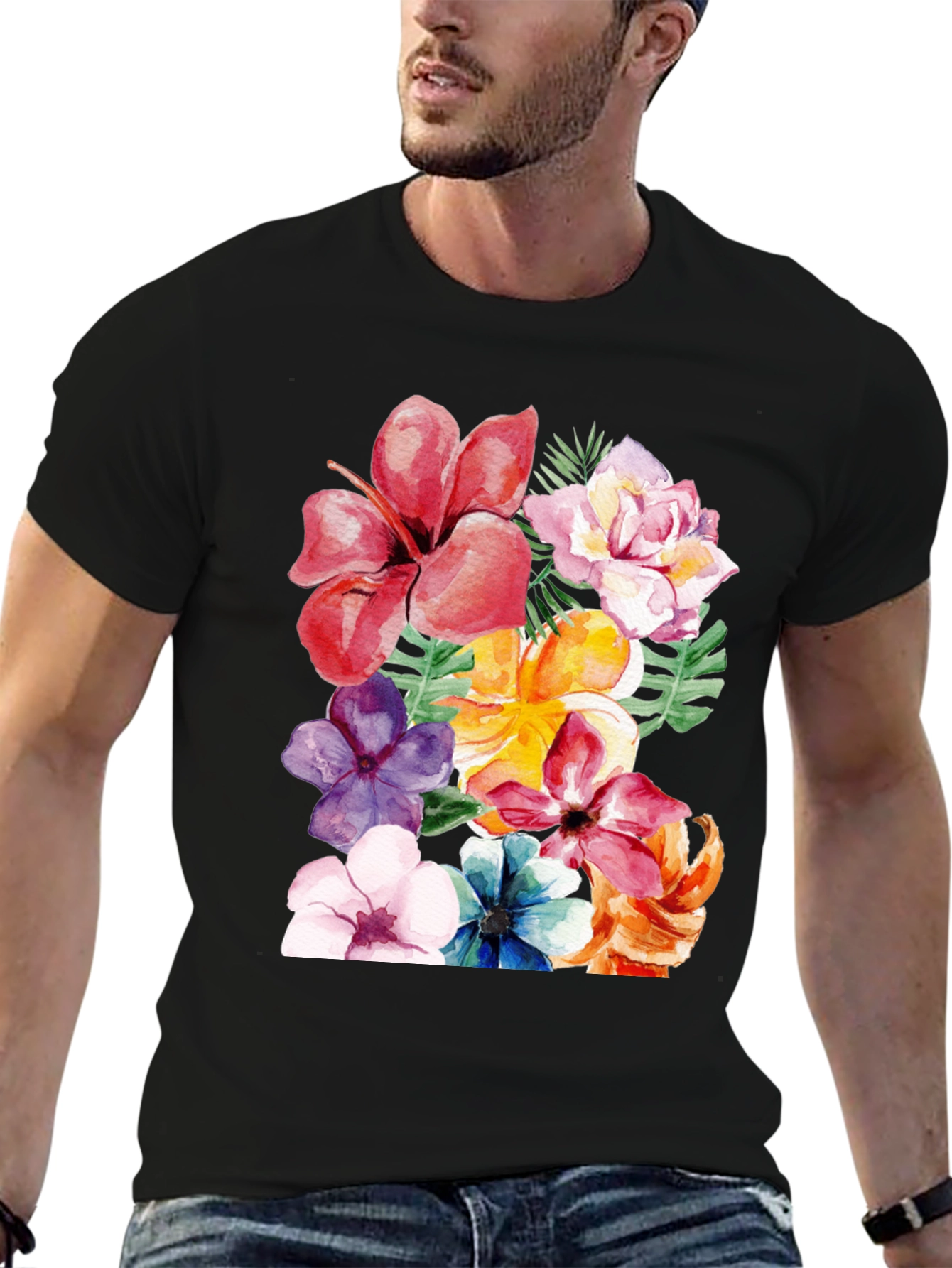 Black Floral Print Black T-Shirt - Tropical Flower Design view 6