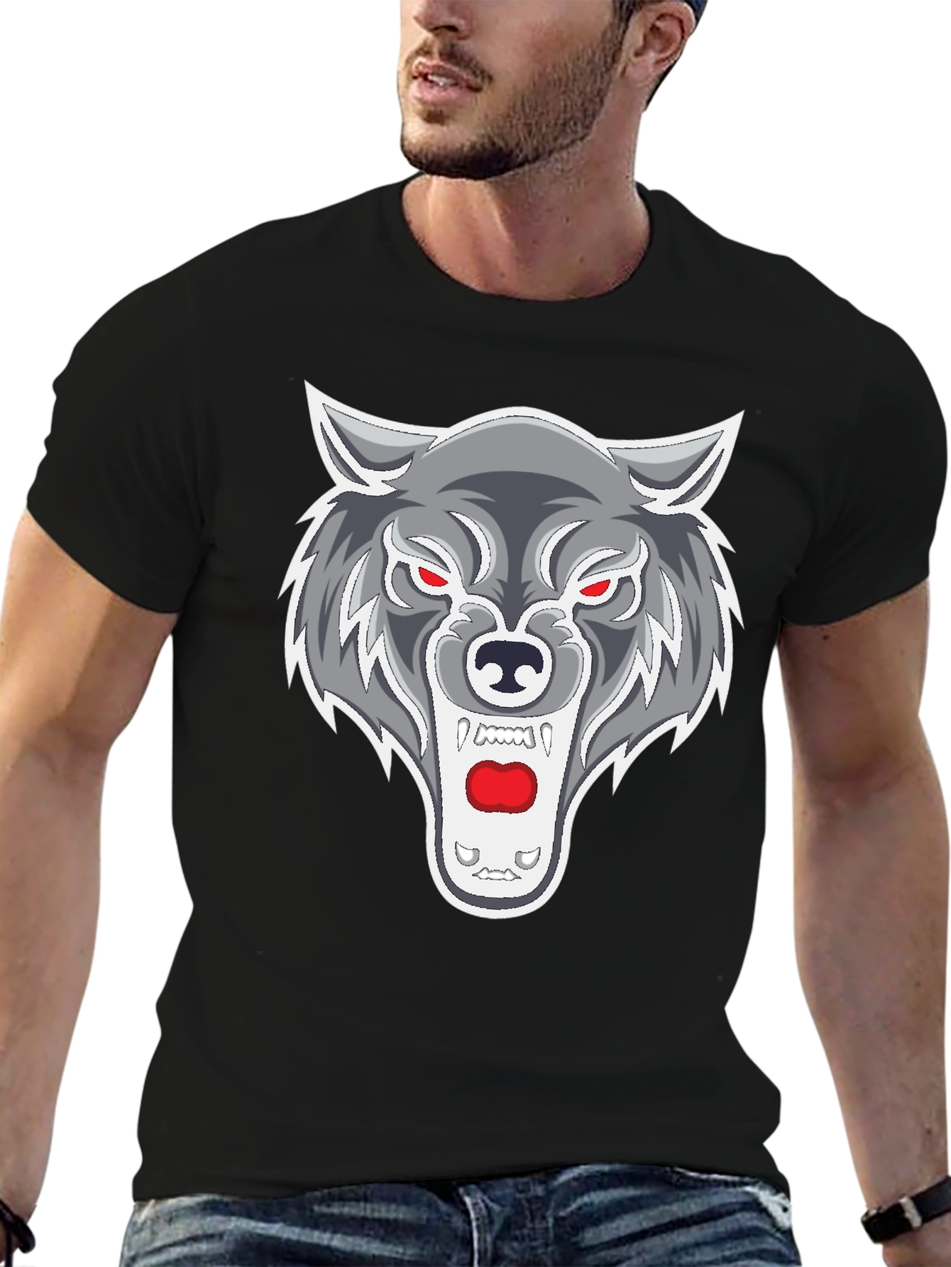 Black Men's Black T-Shirt with Wolf Graphic view 6