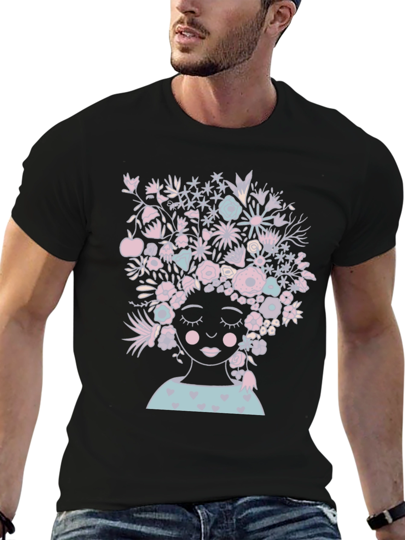 Black Floral Woman Graphic Tee - Black Cotton T-Shirt view 6
