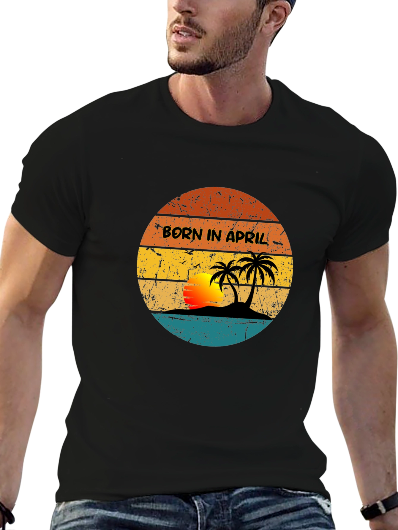 Black Born In April Retro Sunset Graphic T-Shirt view 6