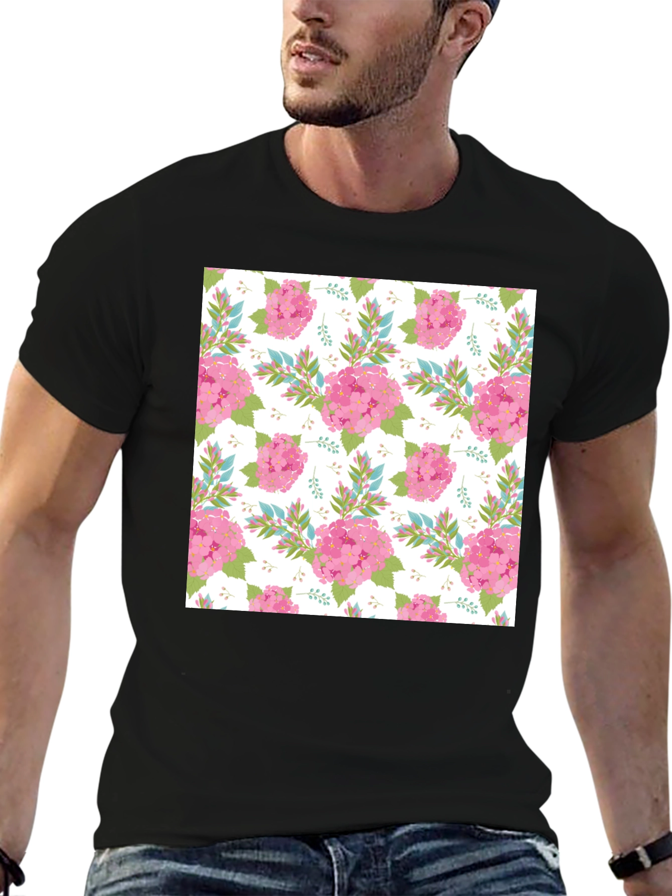 Black Floral Pattern Black T-Shirt view 6