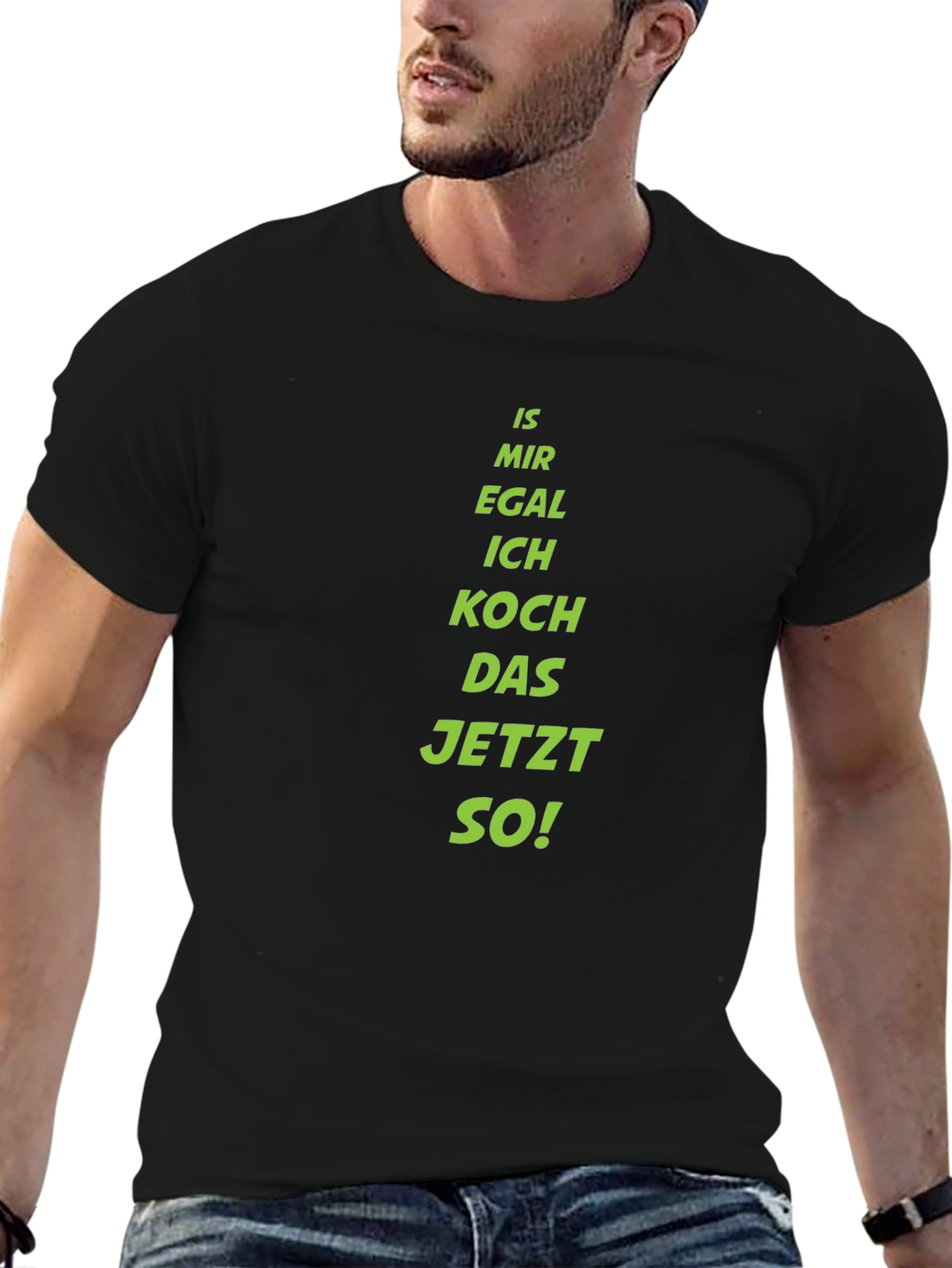 Black Funny German Cooking T-Shirt - "Is Mir Egal" Design view 6
