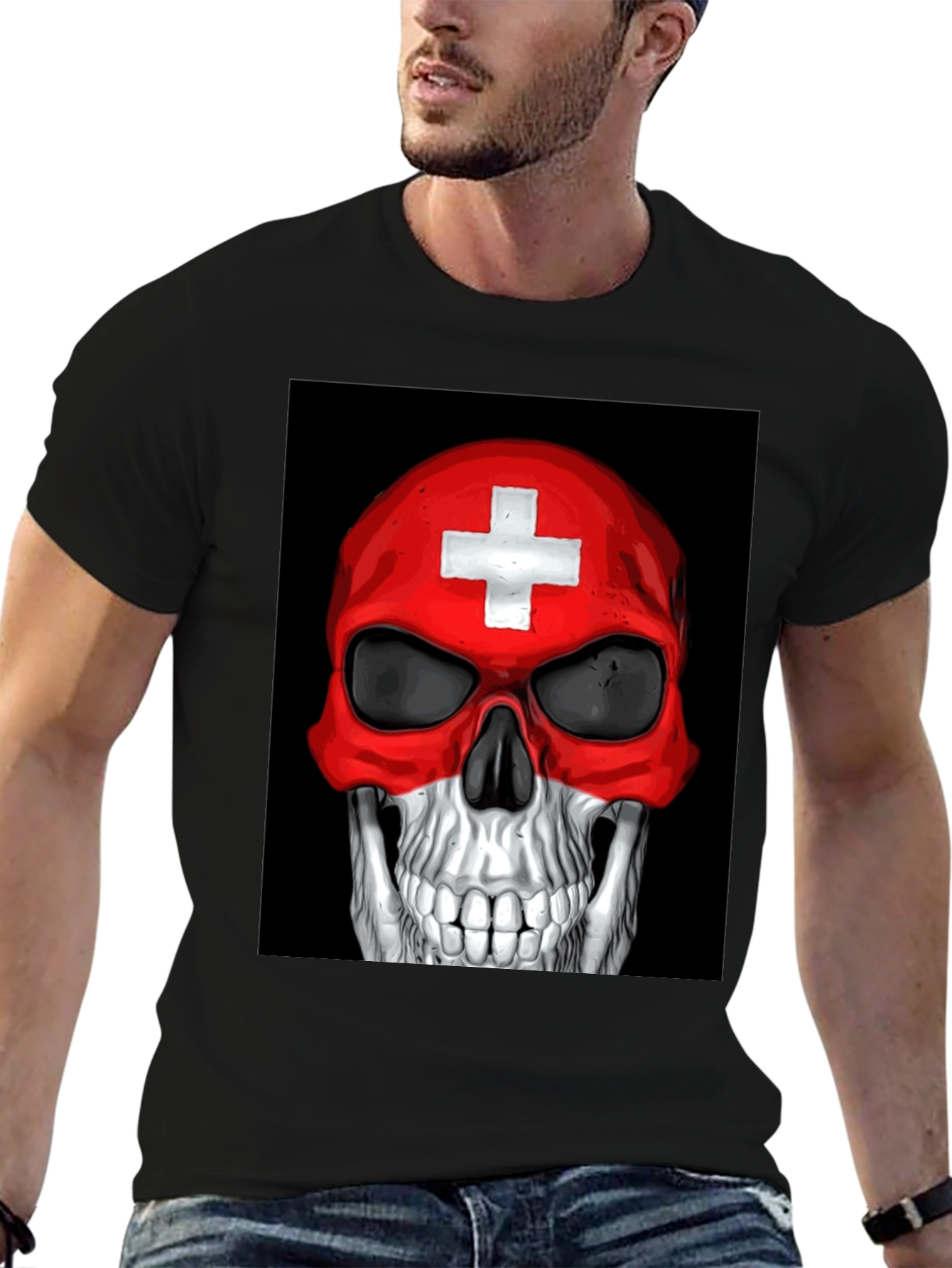 Black Skull Switzerland Flag Graphic Tee - Black Cotton T-Shirt view 6