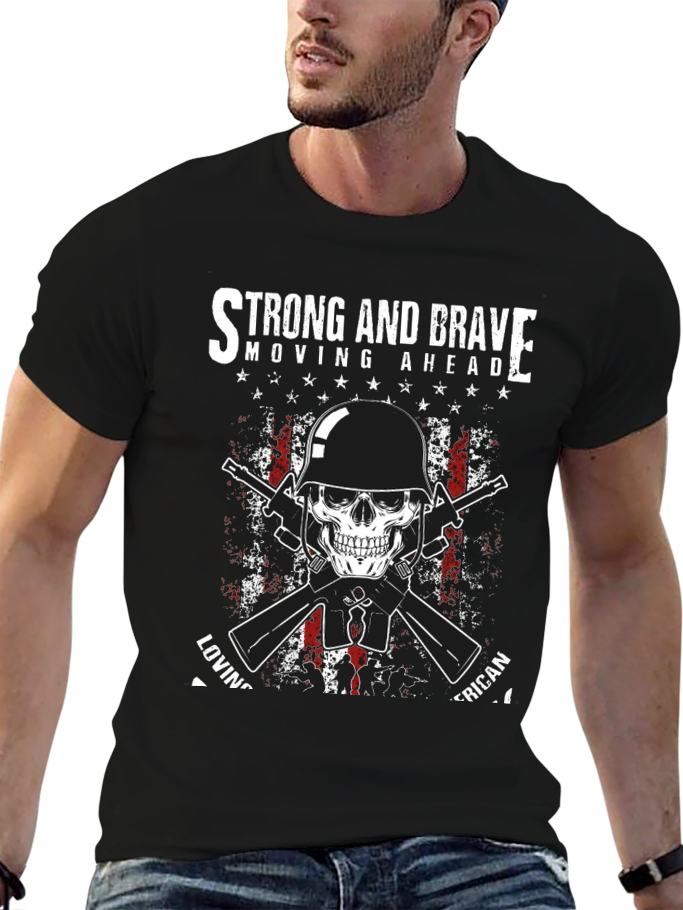 Black Strong & Brave Patriotic Skull Graphic T-Shirt view 6