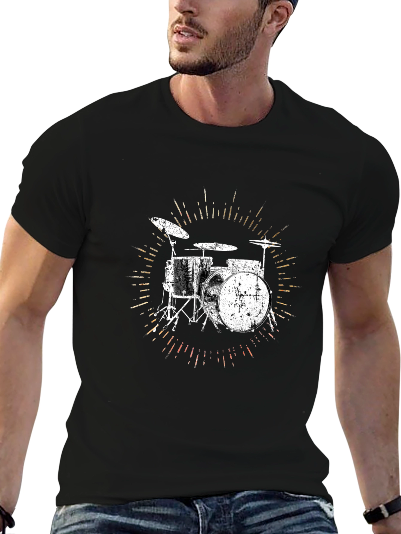 Black Drum Set Graphic T-Shirt - Black Cotton Tee view 6