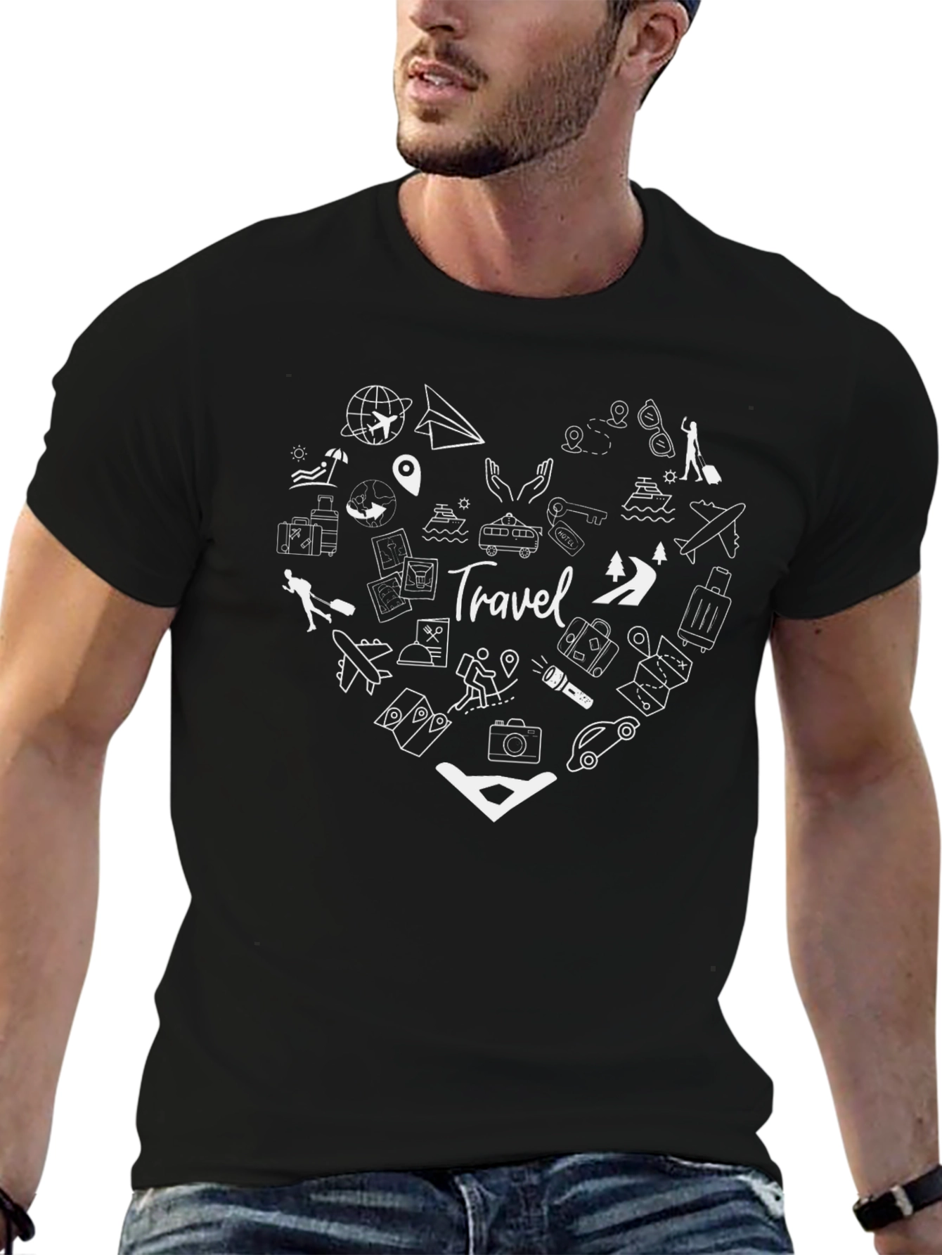 Black Travel Heart Graphic Tee - Black Unisex T-Shirt view 6