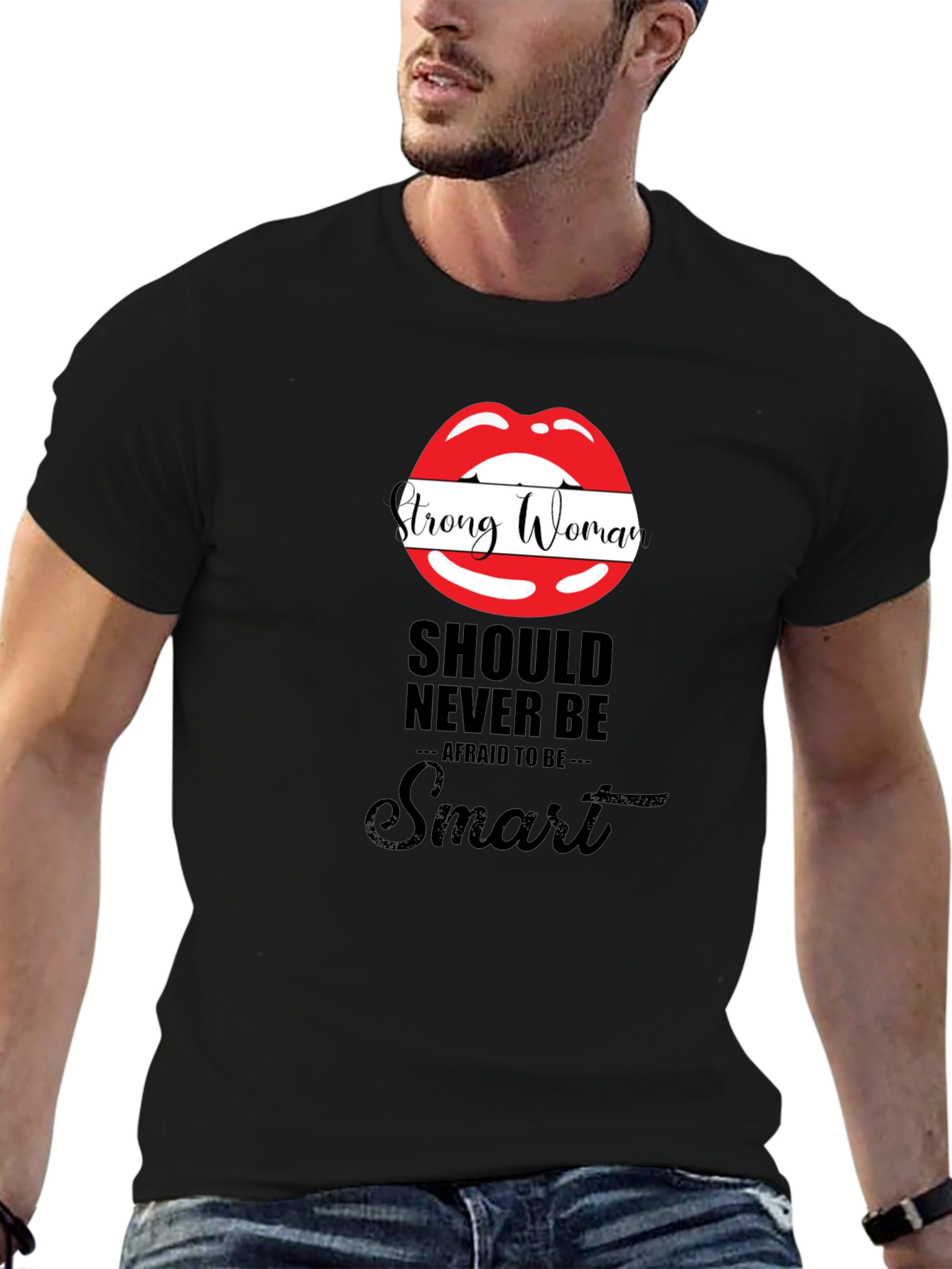 Black Strong Woman Lips Graphic Black T-Shirt view 6