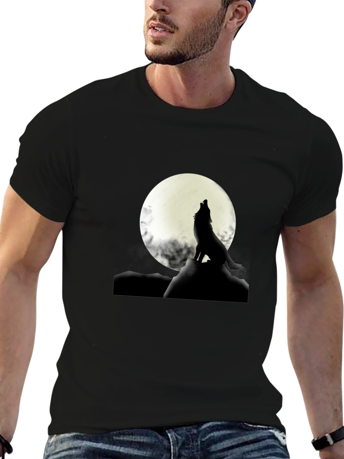 Black Wolf Howling at Moon Graphic T-Shirt view 6