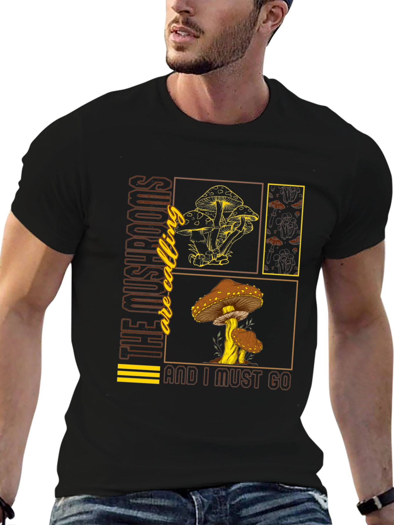 Black Mushroom Calling Graphic T-Shirt - Nature Lover Tee view 6