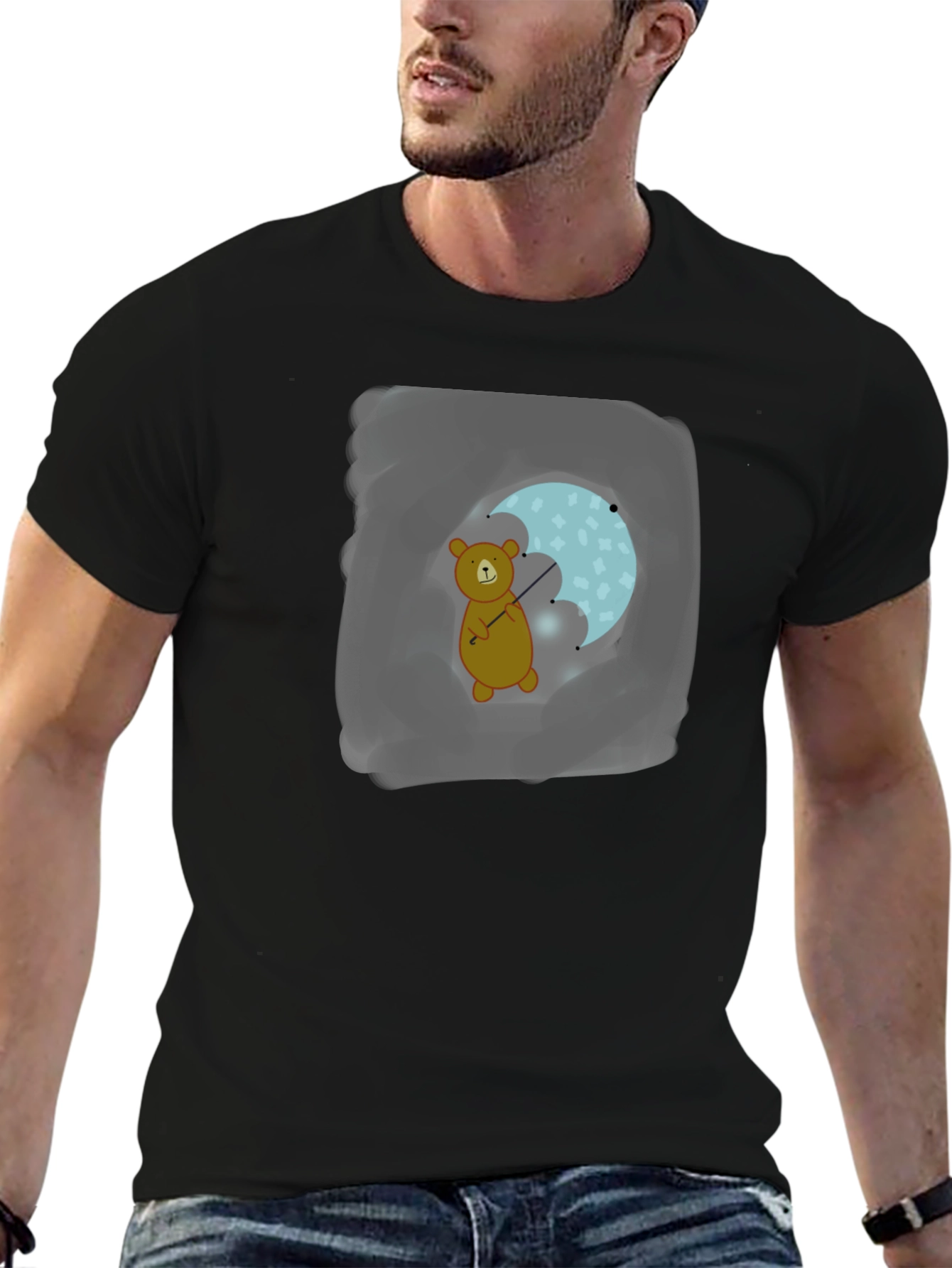 Black Bear with Umbrella Black T-Shirt view 6
