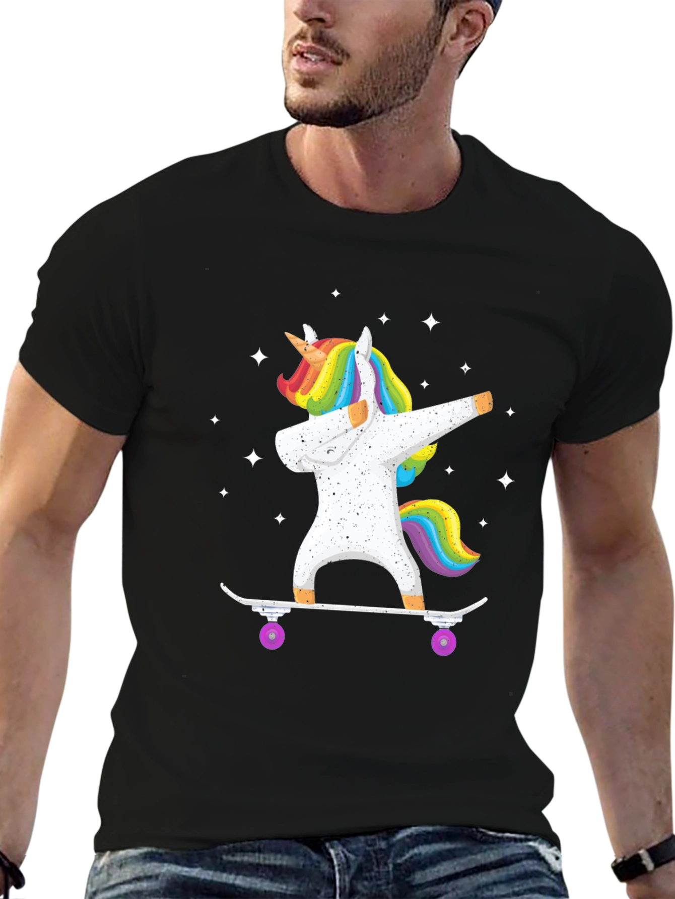 Black Dabbing Unicorn Skateboard T-Shirt - Black view 6