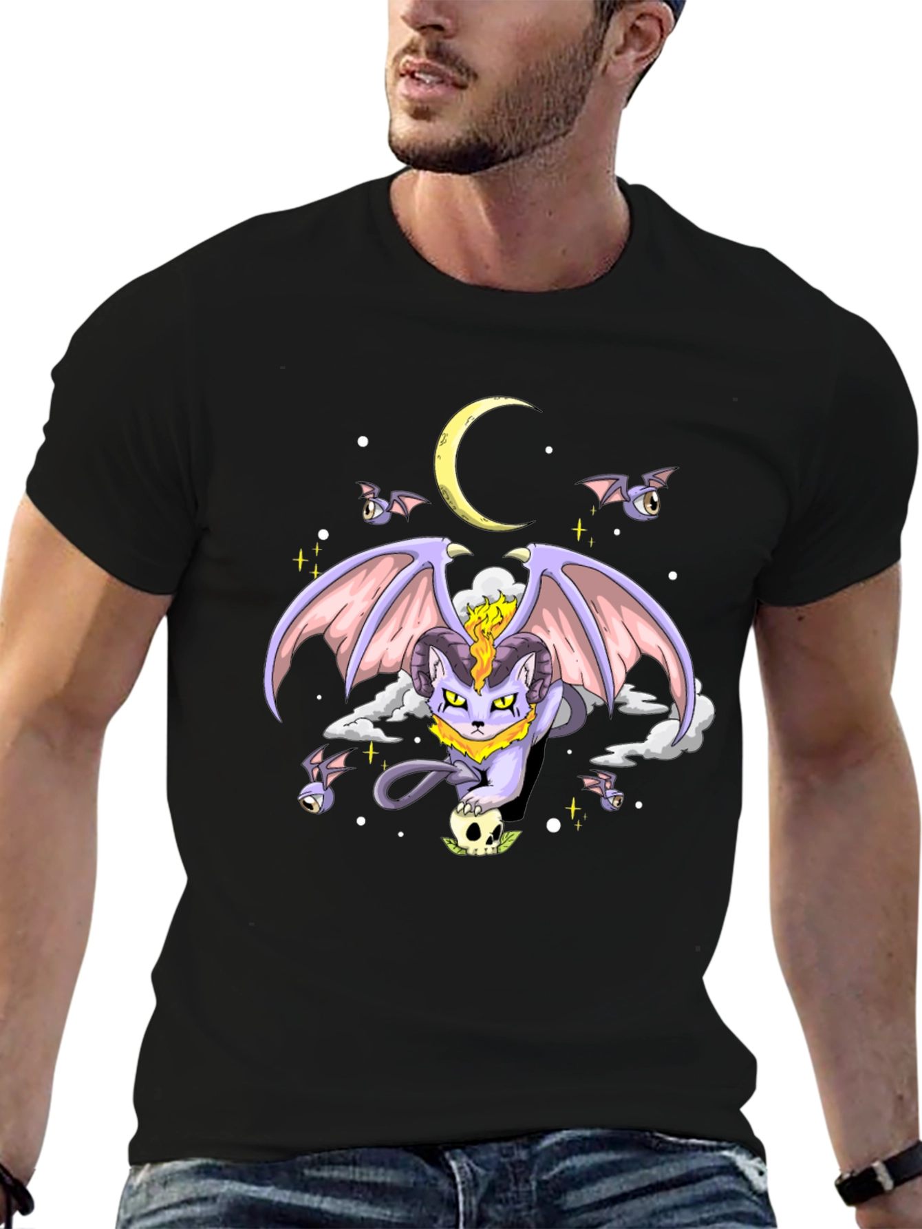 Black Gothic Cat Moon T-Shirt view 6