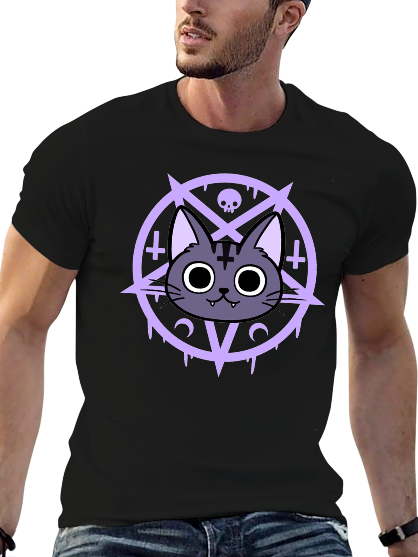 Black Gothic Cat T-Shirt - Occult Pentagram Design view 6