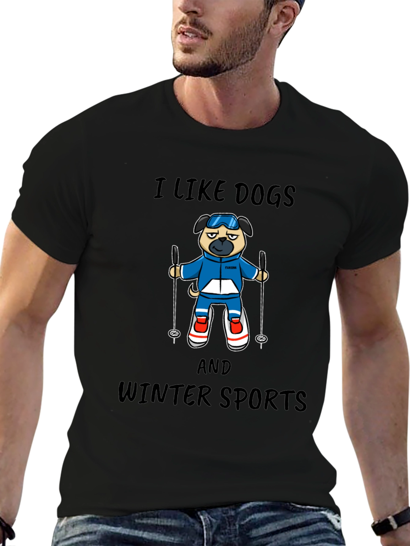 Black I Like Dogs and Winter Sports T-Shirt view 6