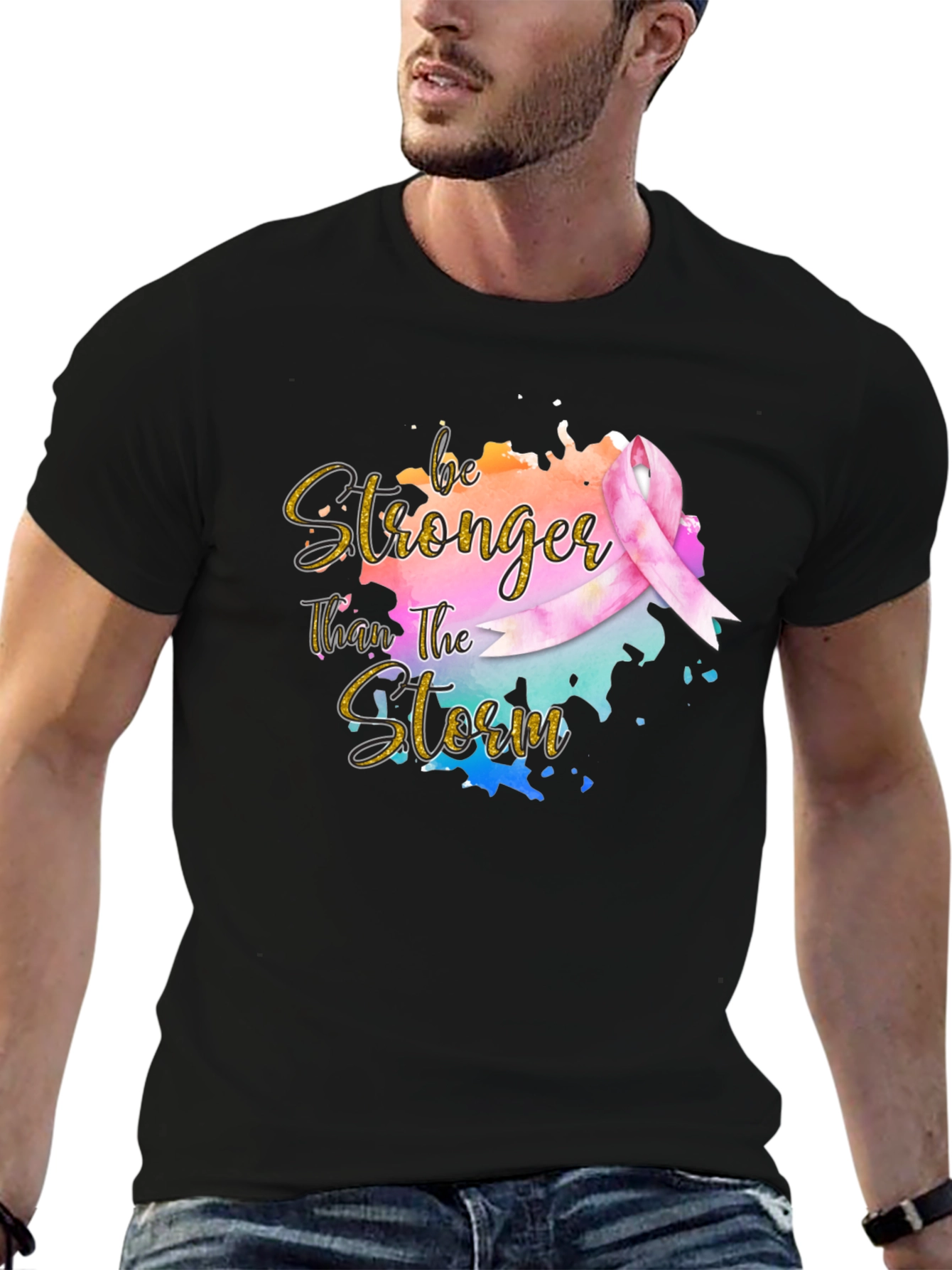 Black Be Stronger Than The Storm Ribbon T-Shirt view 6
