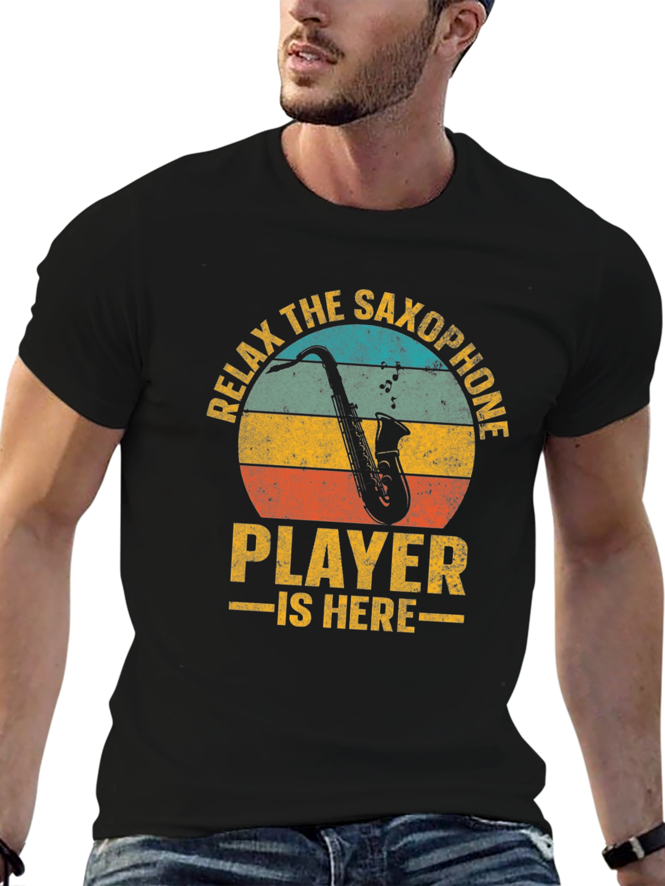 Black Relax The Saxophone Player Is Here Graphic T-Shirt view 6