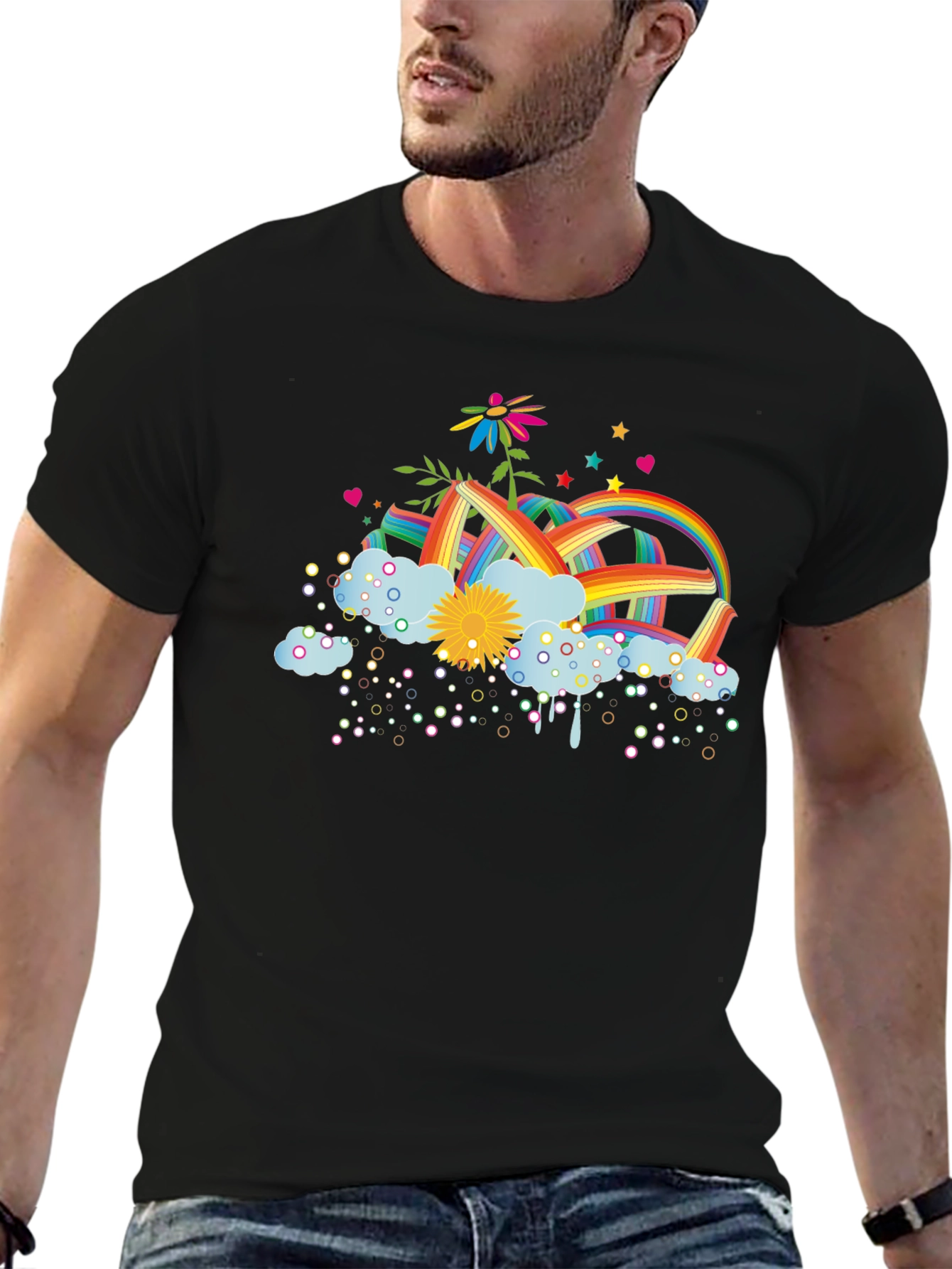 Black Rainbow Flower Graphic Tee - Unisex Black T-Shirt view 6