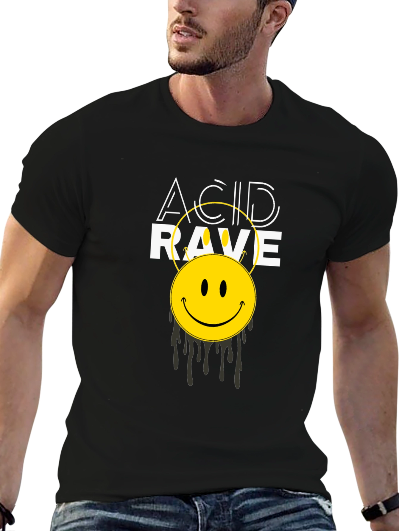 Black Acid Rave Smiley Face Black T-Shirt view 6