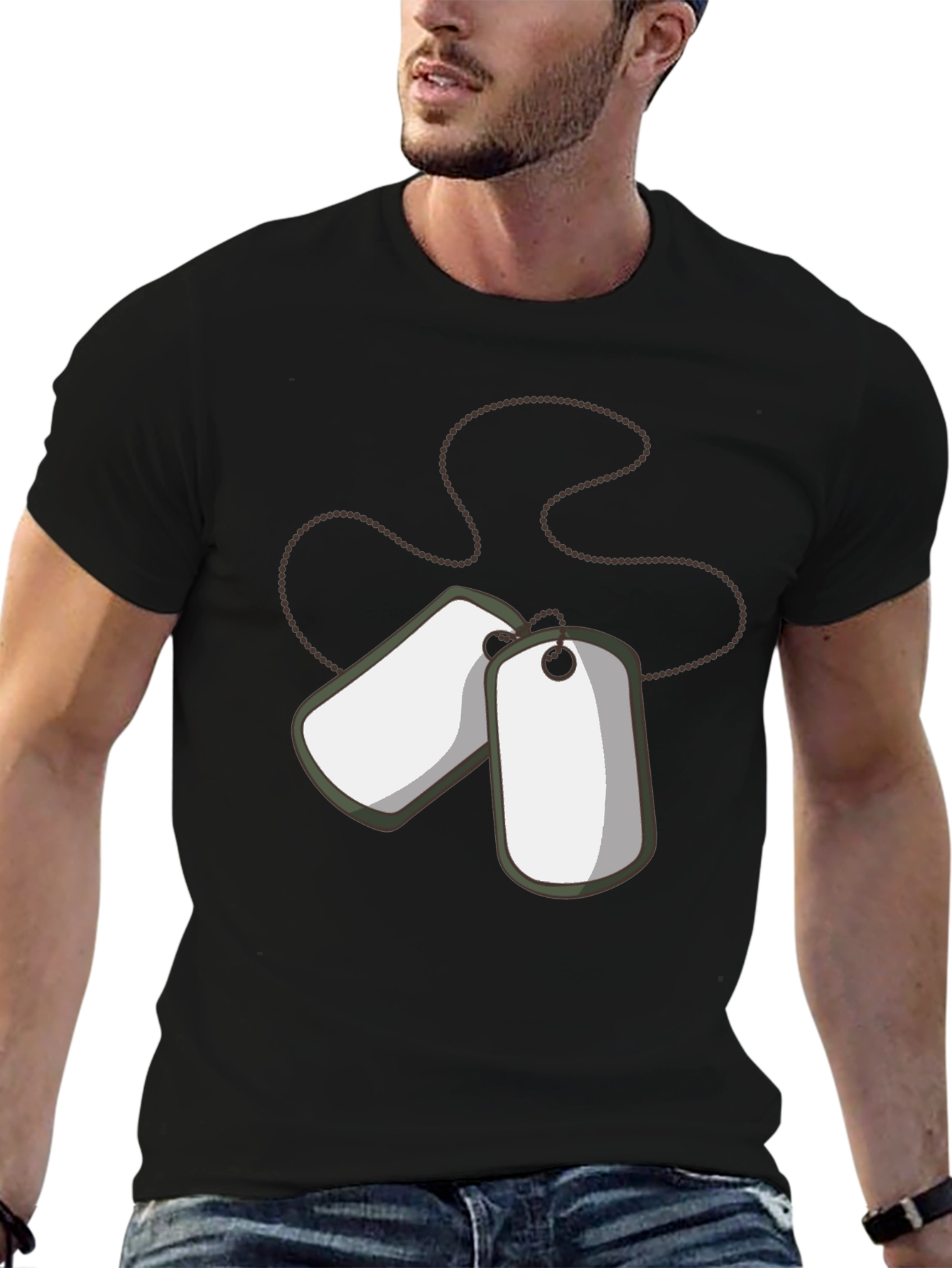 Black Dog Tag Graphic Tee - Military Style Cotton T-Shirt view 6