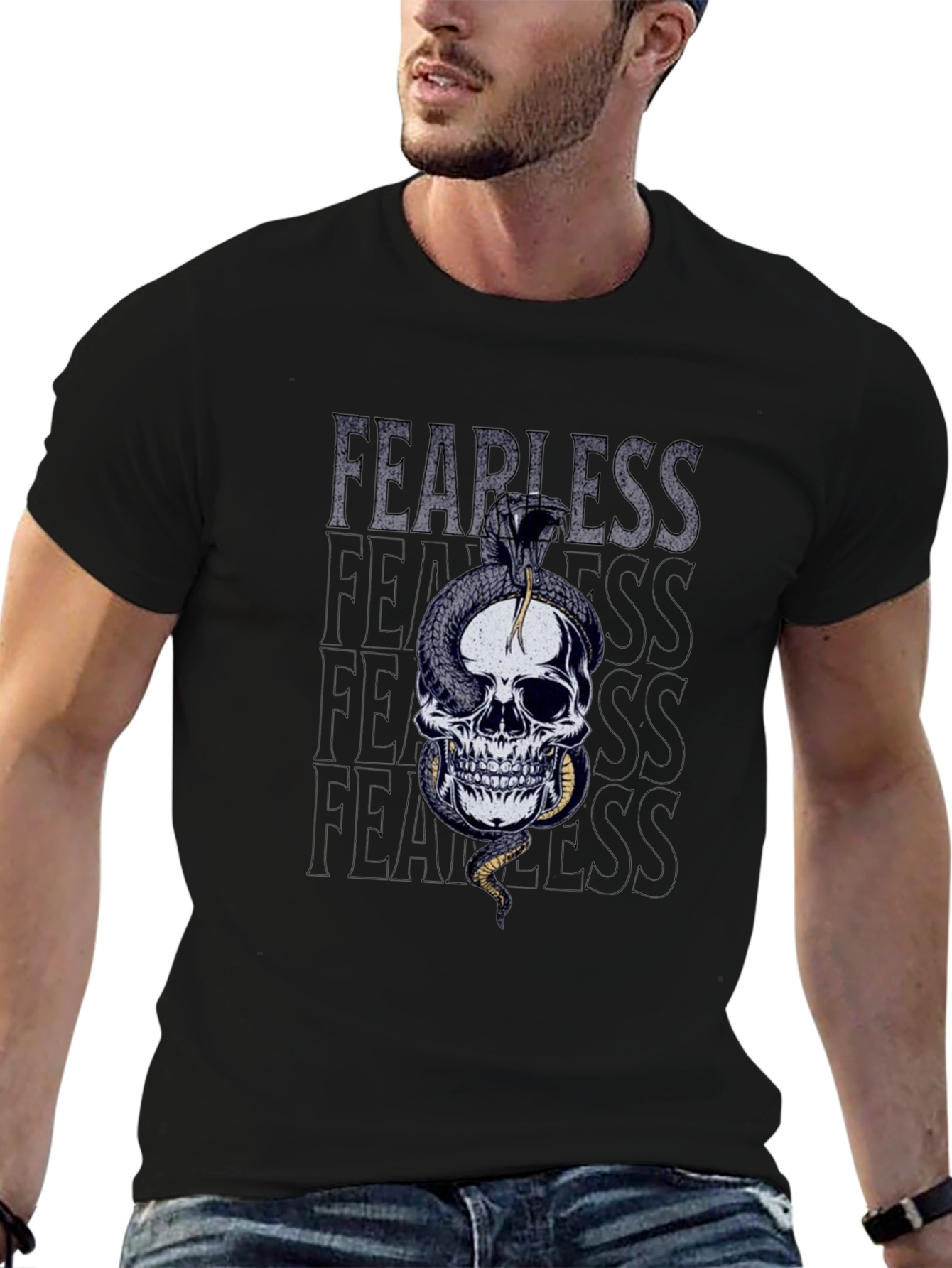 Black Fearless Skull Snake Graphic T-Shirt view 6