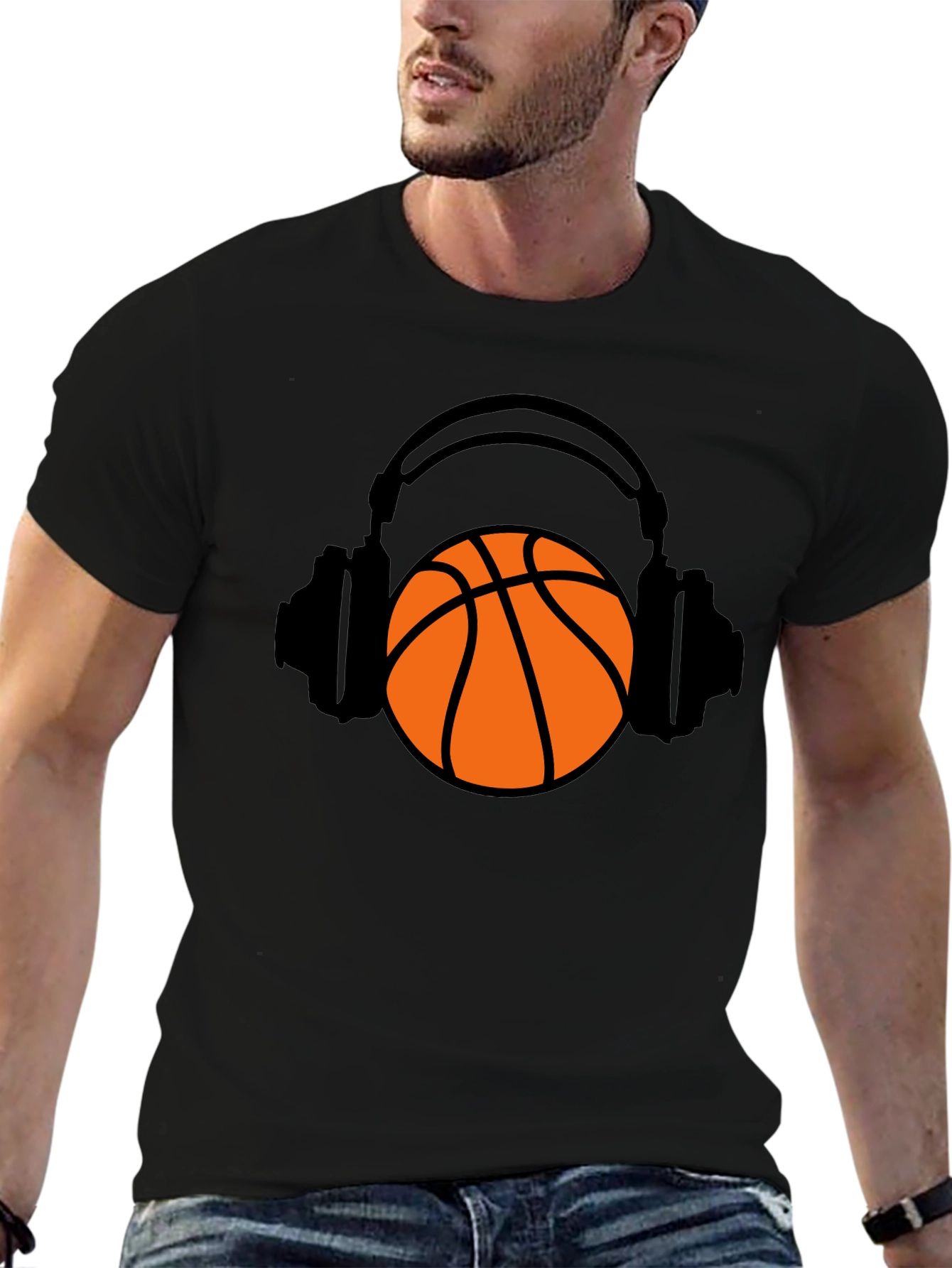Black Basketball Headphones Graphic T-Shirt view 6