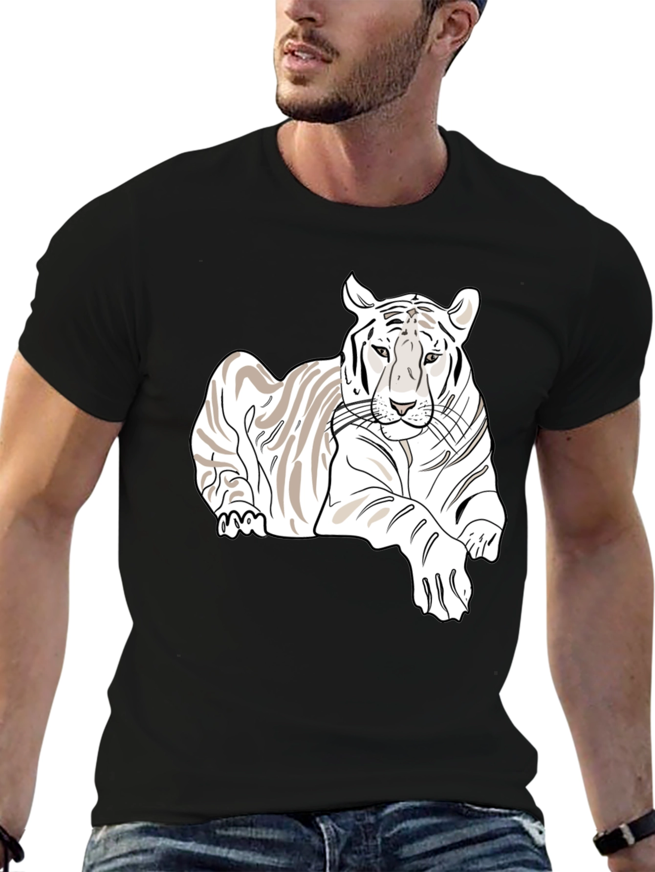 Black White Tiger Graphic Tee - Stylish Men's Black T-Shirt view 6
