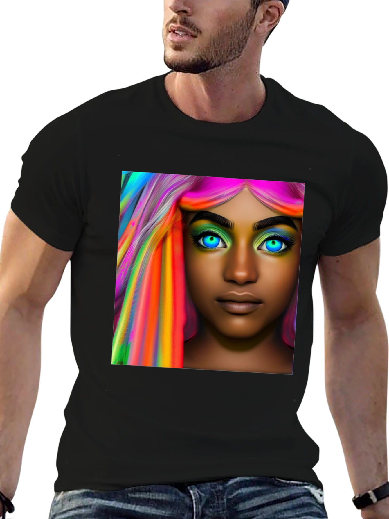 Black Vibrant Hair Portrait T-Shirt - Artistic Style view 6