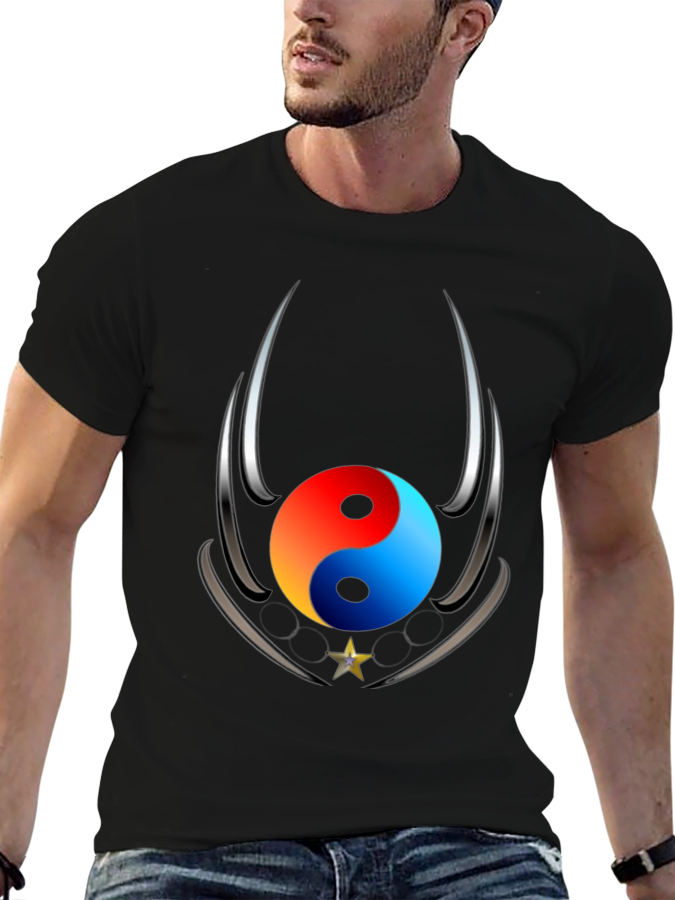 Black Yin Yang Star Graphic Black T-Shirt view 6