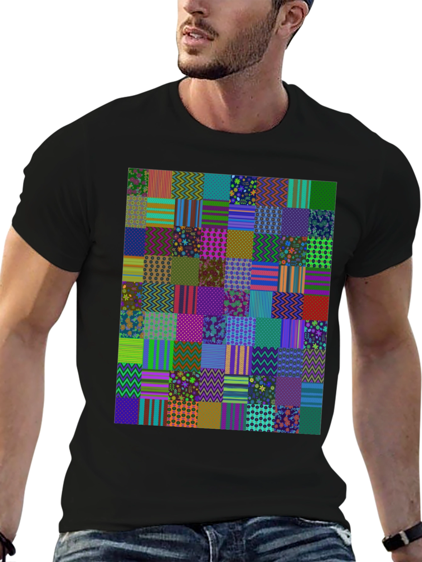 Black Colorful Patchwork Pattern Tee view 6
