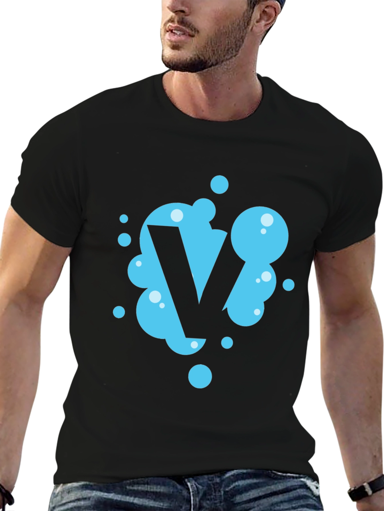 Black Cool Blue Bubble Letter V Black T-Shirt view 6