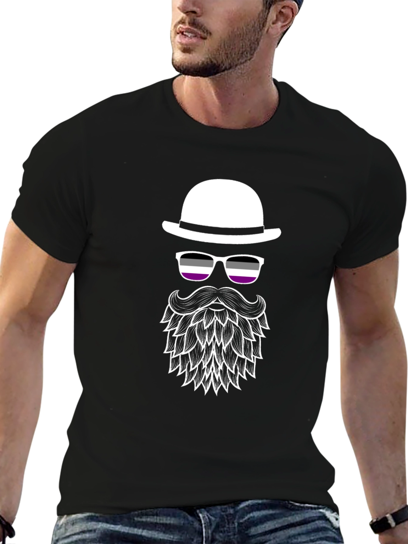 Black Asexual Pride Bowler Hat & Beard T-Shirt view 6