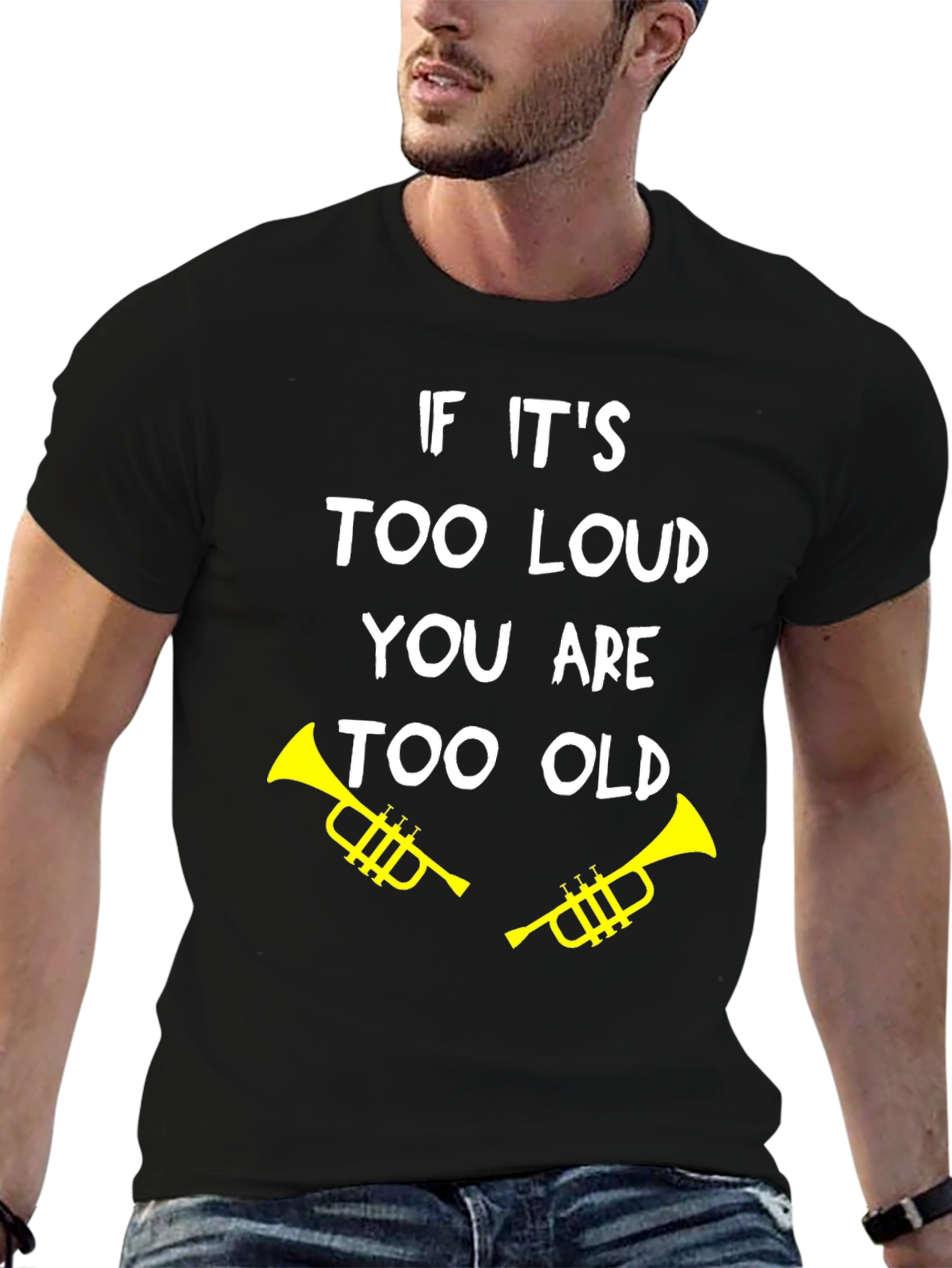 Black Funny "Too Loud, Too Old" Trumpet Graphic Tee view 6