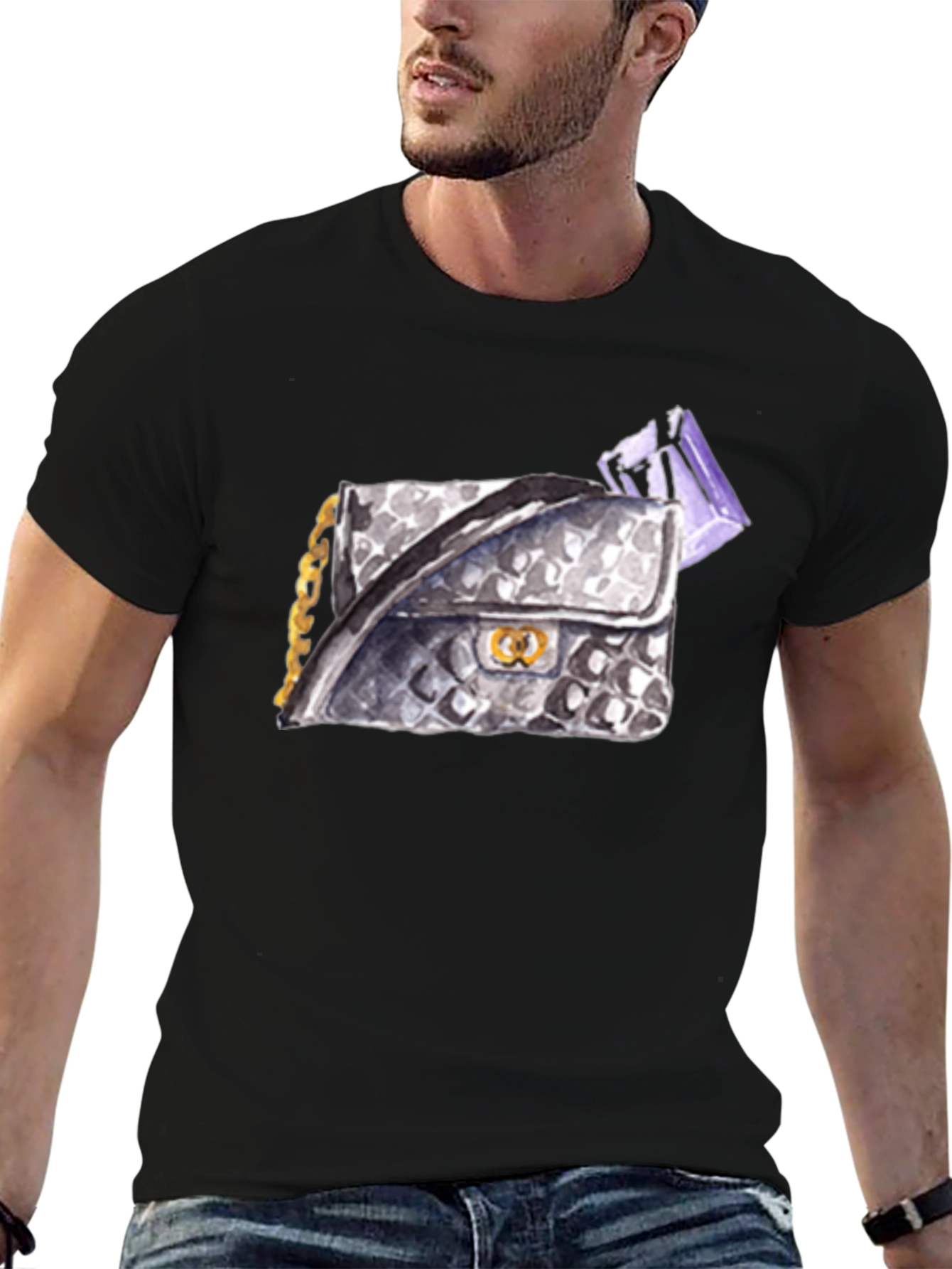 Black Stylish Black T-Shirt with Watercolor Handbag Print view 6