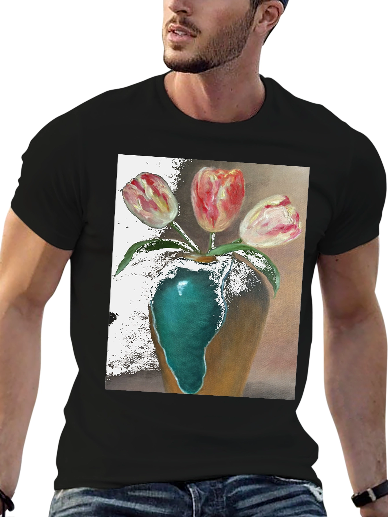 Black Tulip Vase Graphic Tee - Unique Floral Design view 6