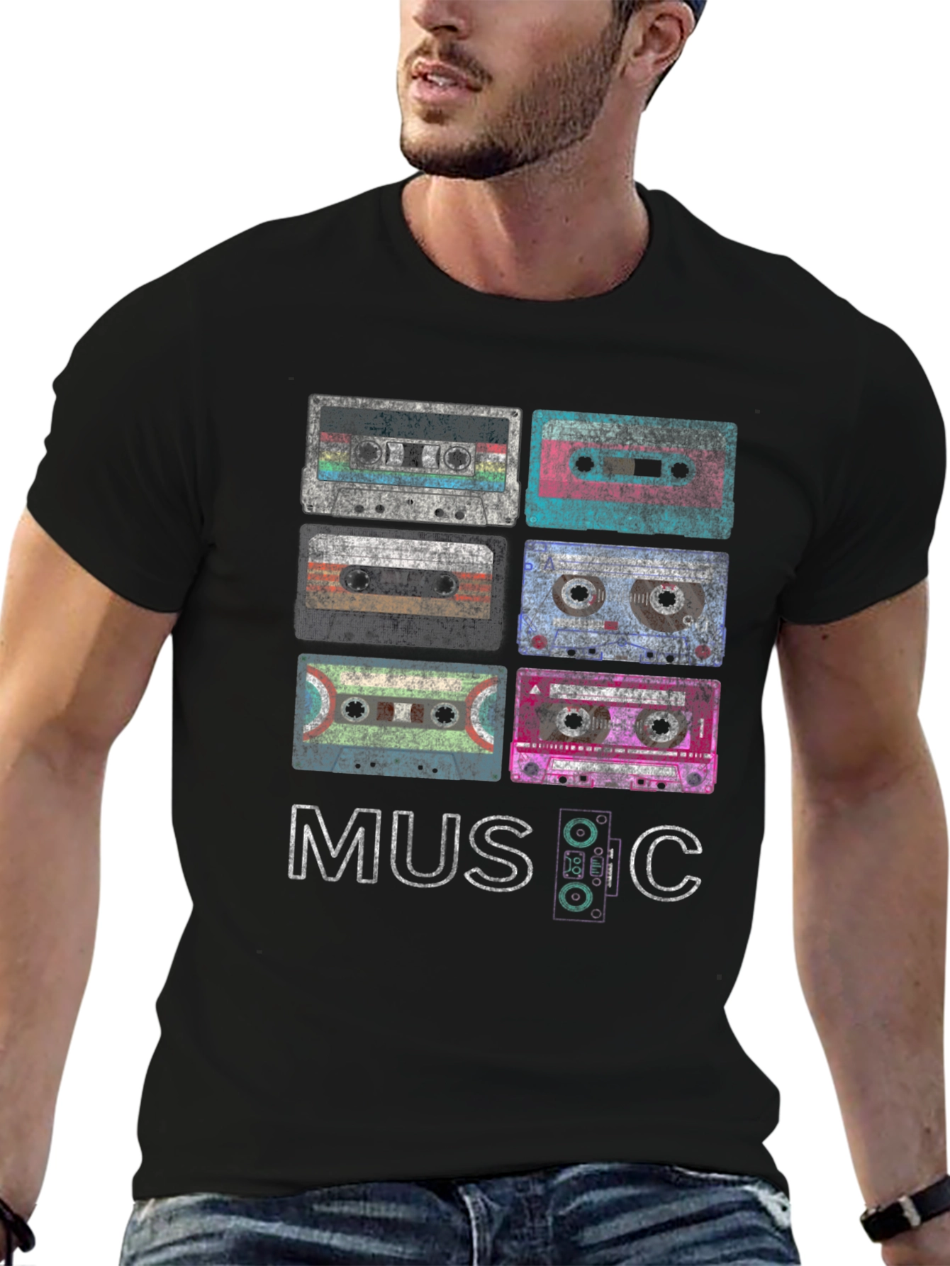 Black Vintage Cassette Tapes Graphic Tee - Retro Music Lover Shirt view 6
