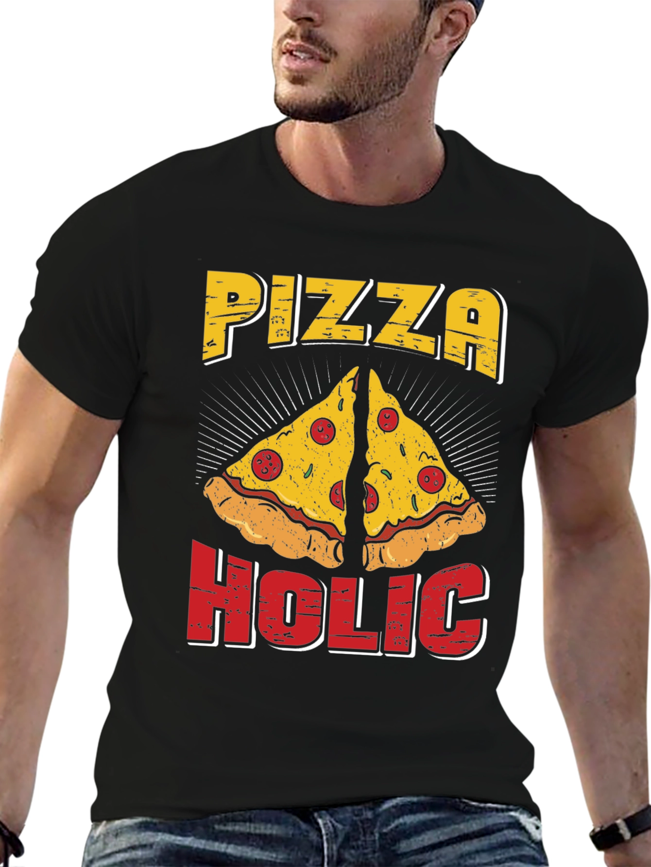 Black Pizza Holic T-Shirt - Funny Graphic Tee view 6