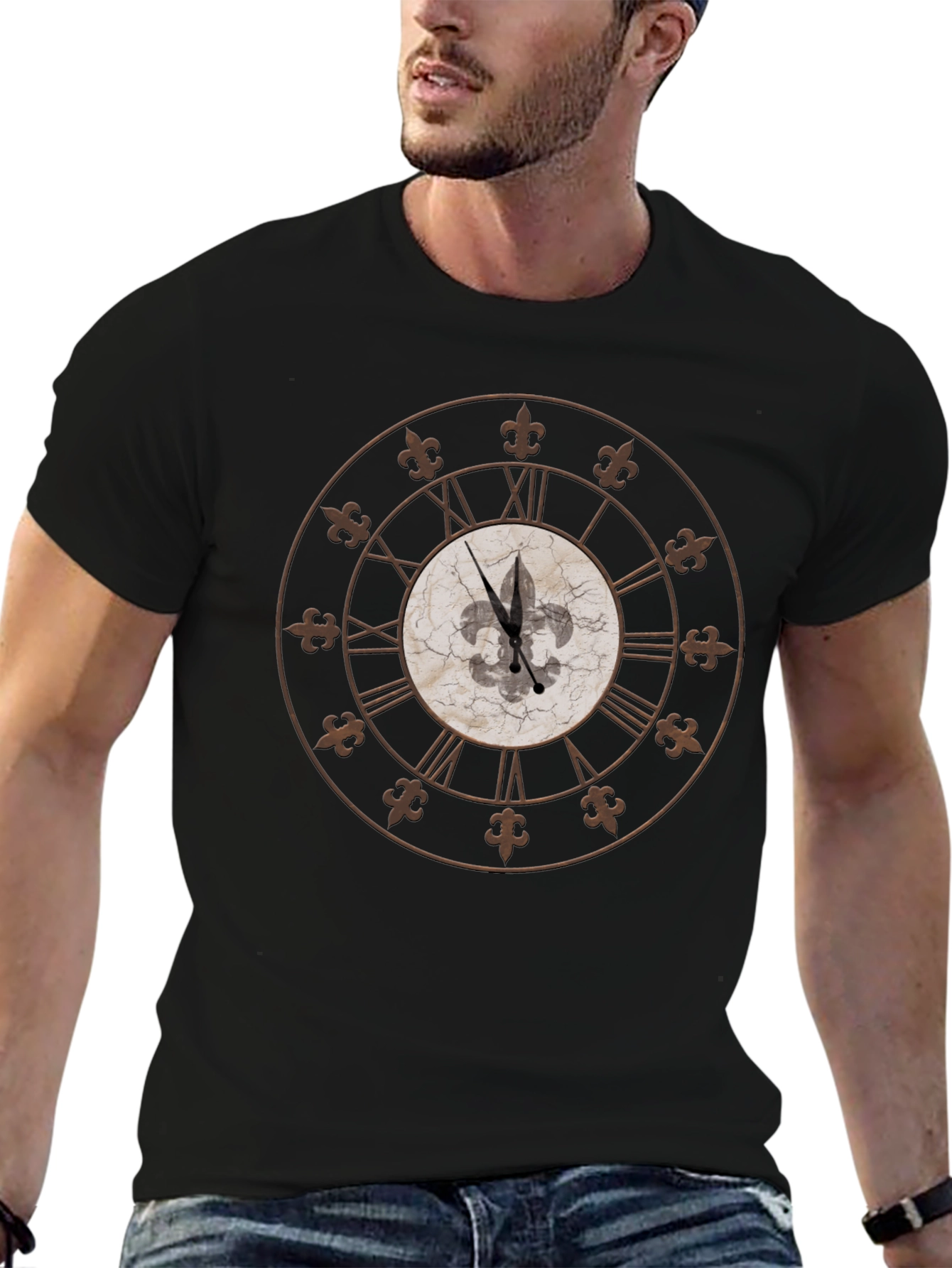 Black Fleur-de-Lis Clock Graphic Tee - Unique Design view 6