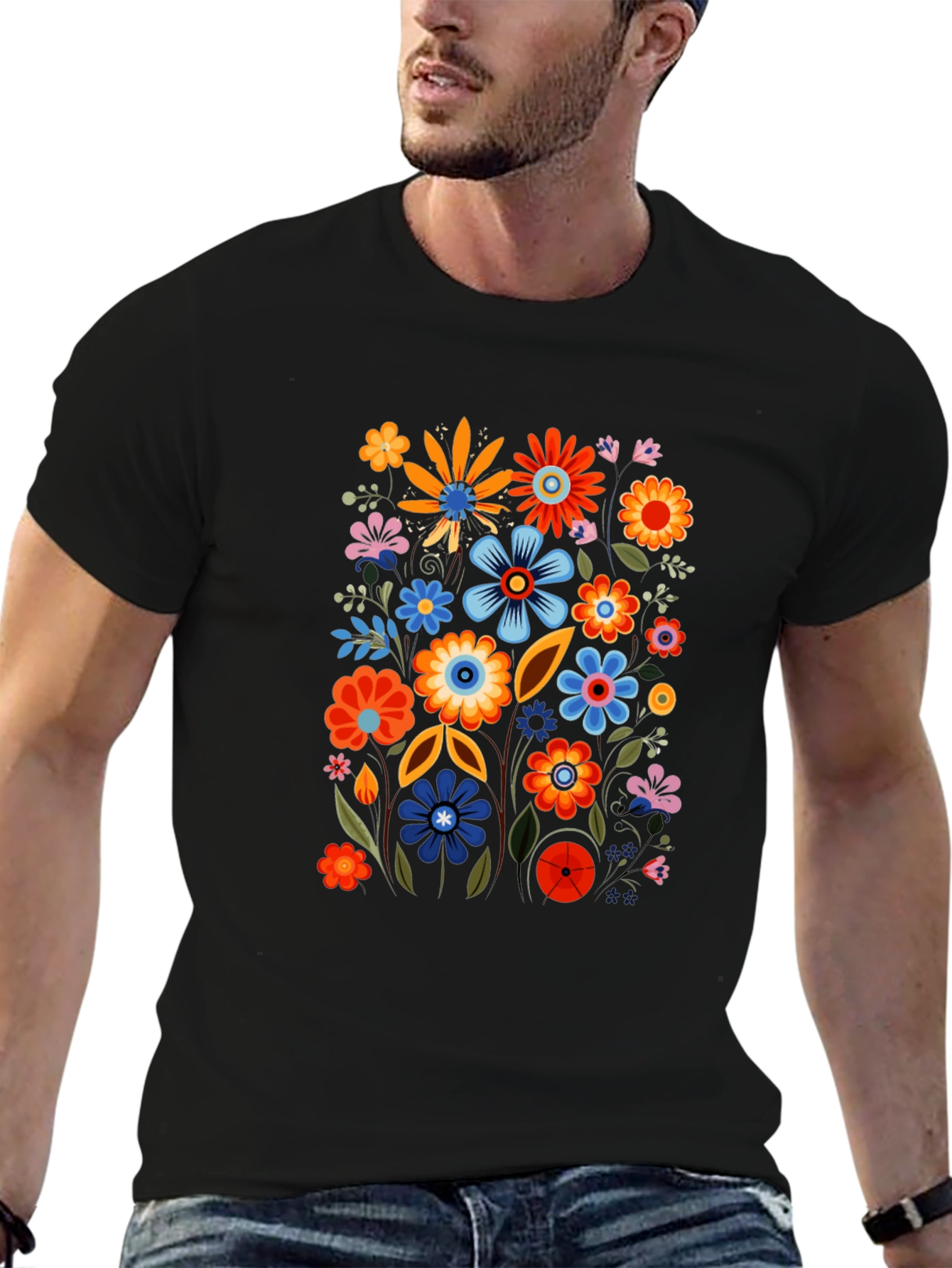 Black Floral Black Tee - Colorful Flower Power Shirt view 6